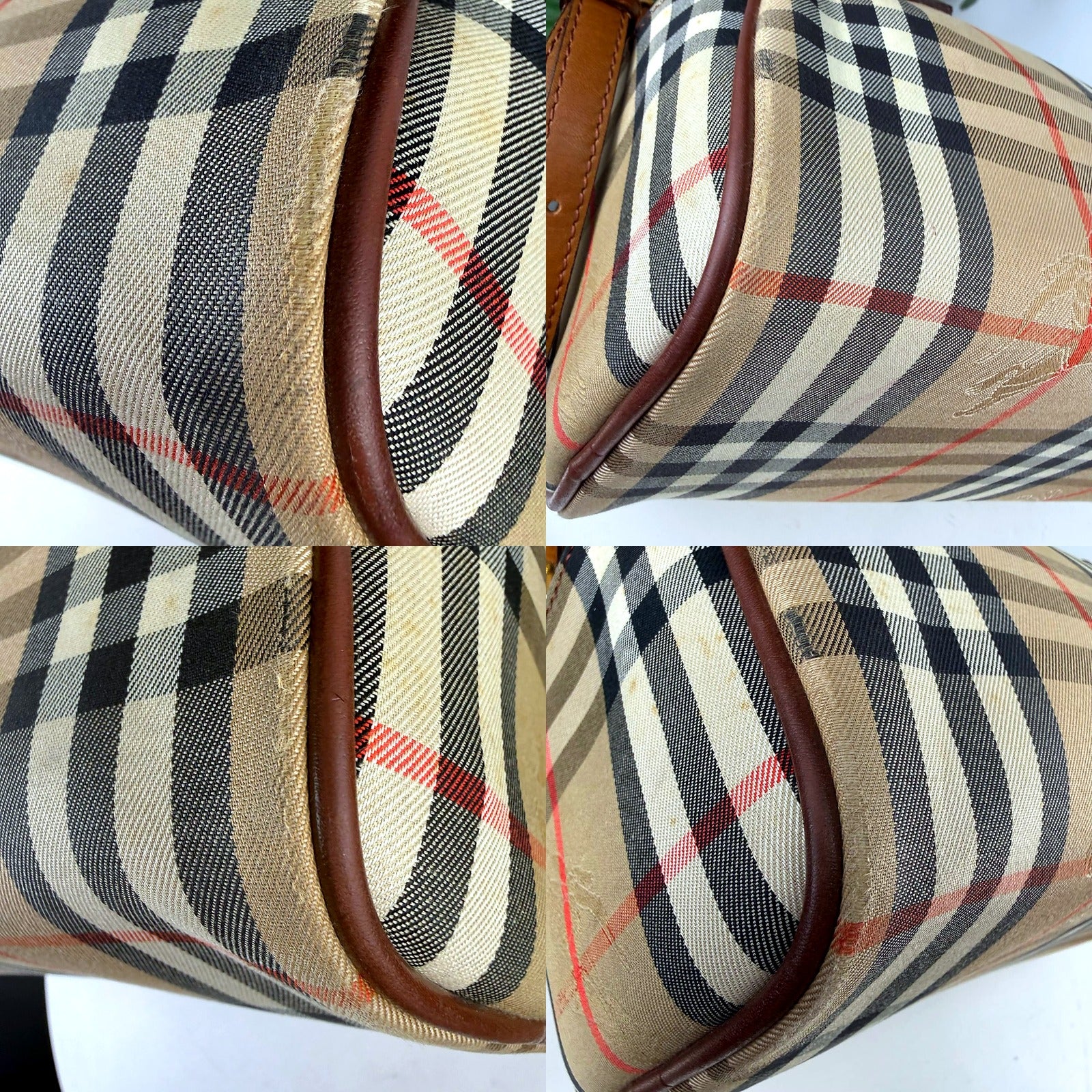 Authentic Vintage Burberry Haymarket Check Boston Bag - condition detail closeups showing yellowing and edge fraying