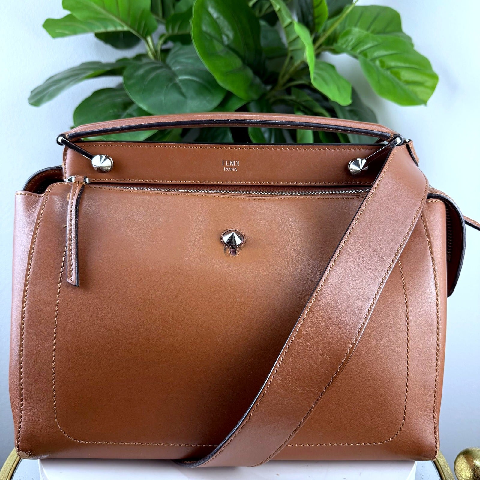 Authentic Fendi DotCom Cognac Leather Satchel - front