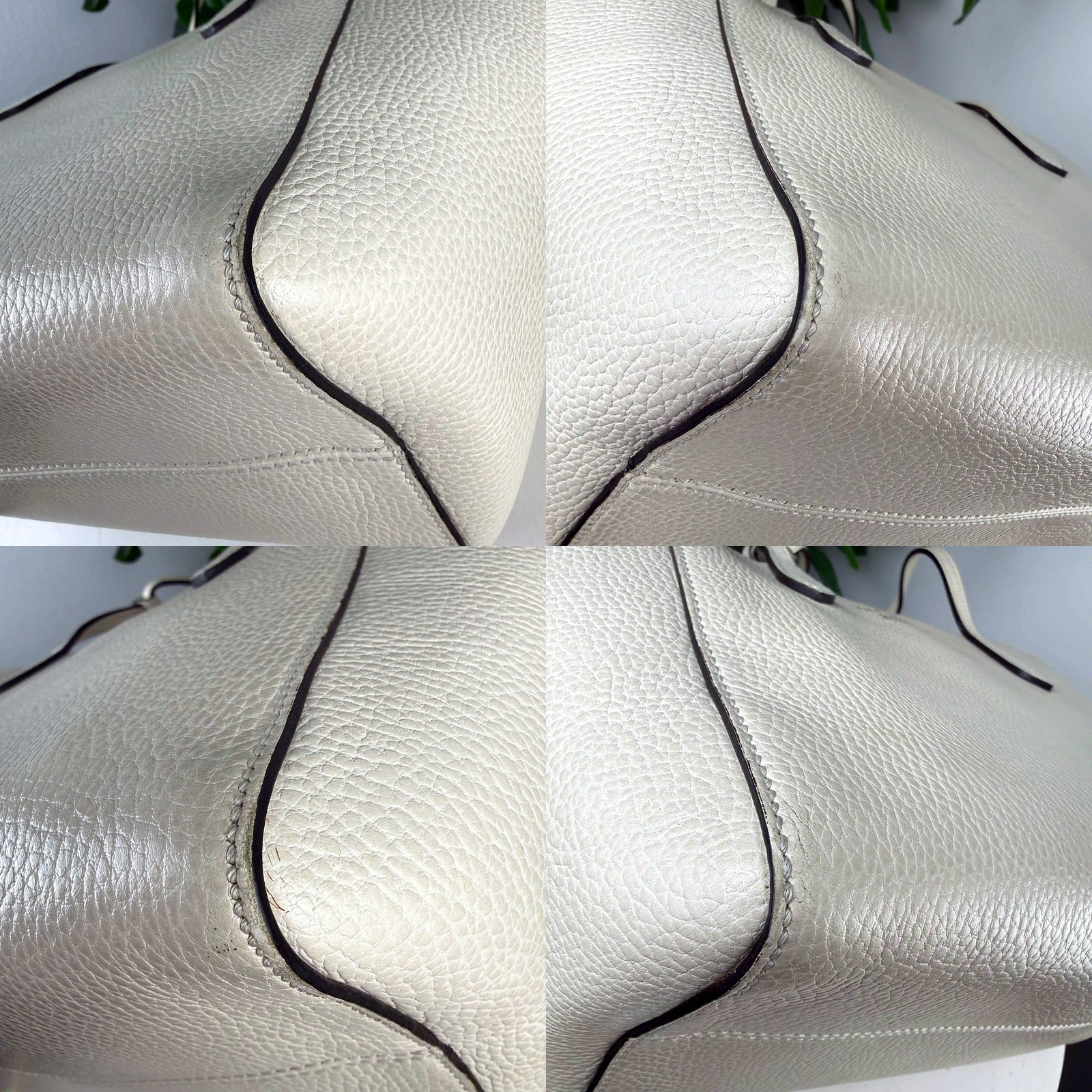 Authentic Gucci Cream Pebbled Leather Swing Tote - wear detail