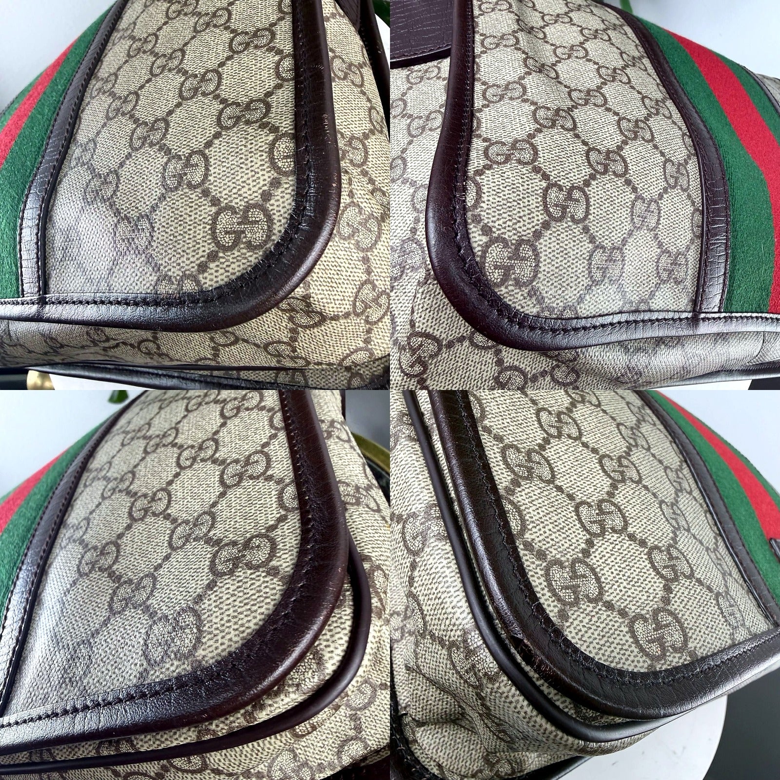 GG monogram canvas texture and corner stitching detail