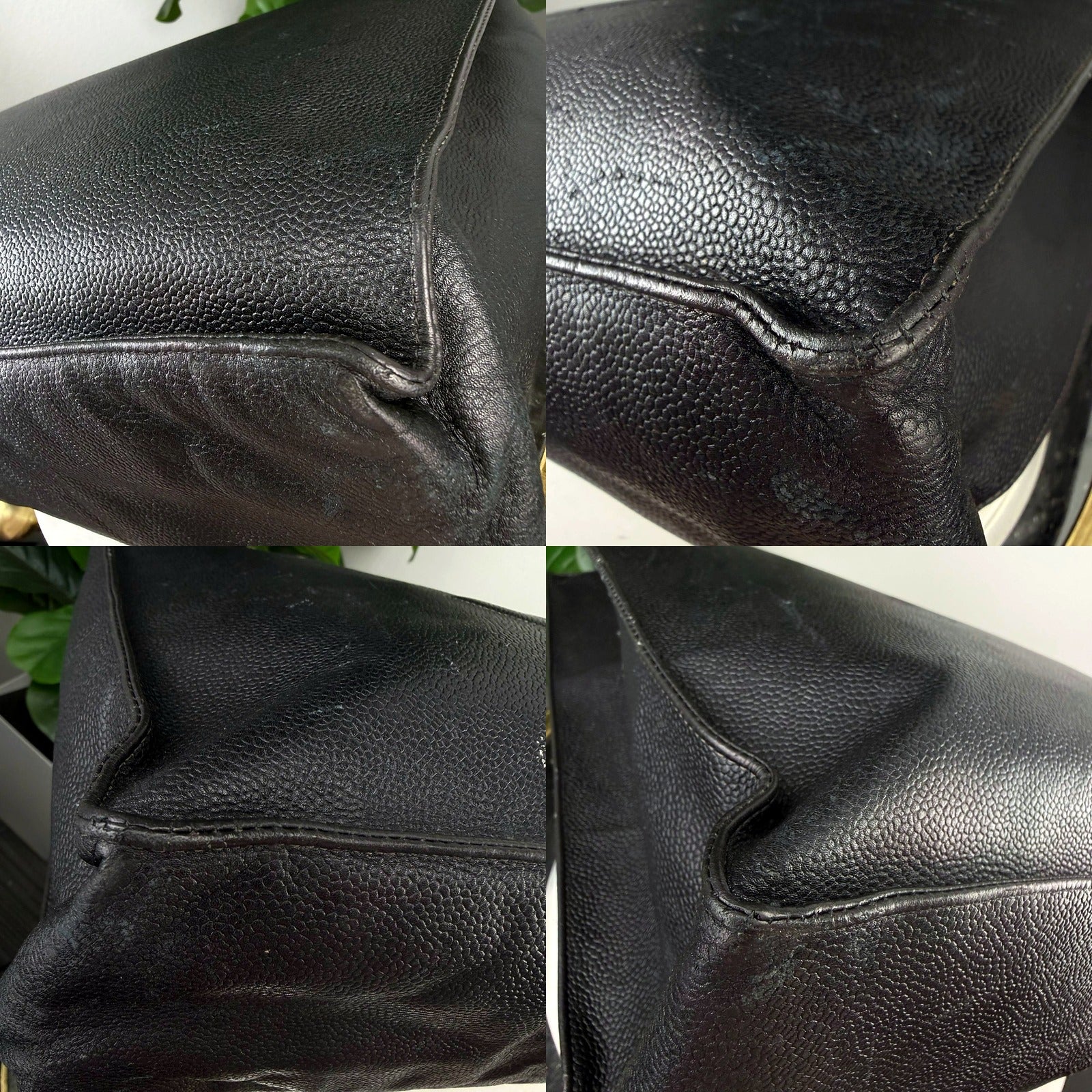 Authentic Chanel Black Caviar Leather Tote - wear detail