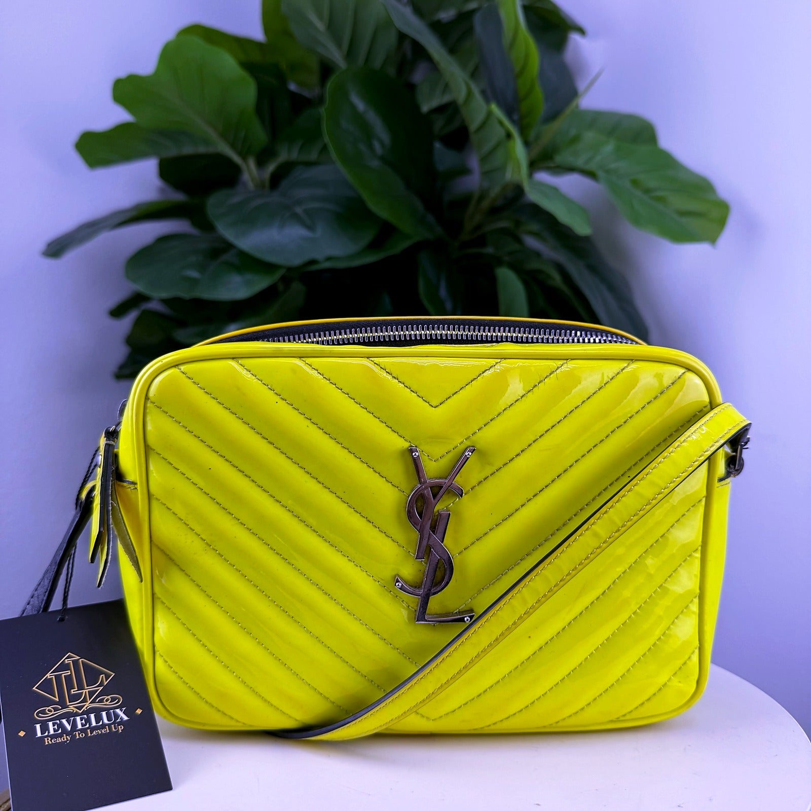 Authentic Saint Laurent Lou Neon Yellow Patent Camera Bag - front