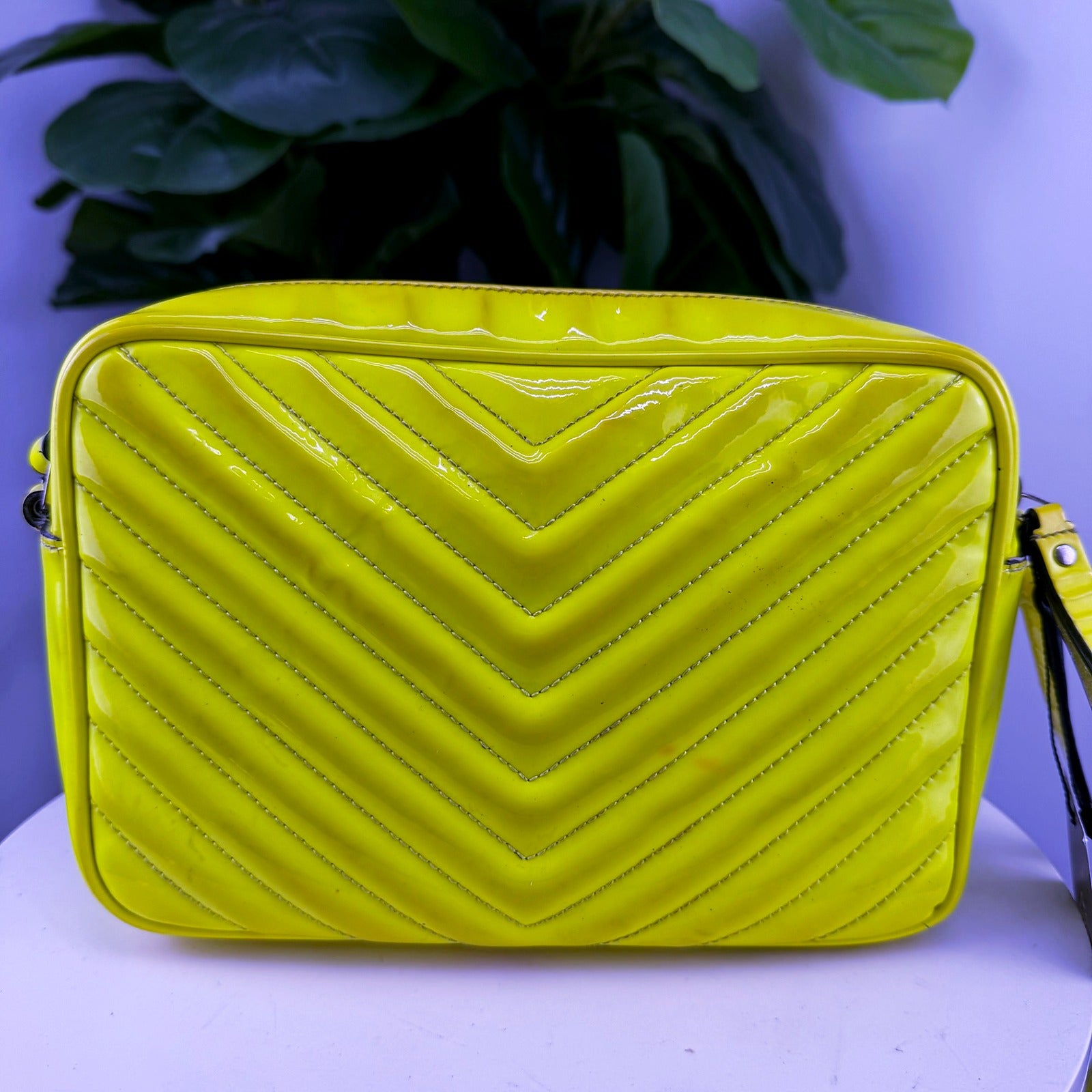 Authentic Saint Laurent Lou Neon Yellow Patent Camera Bag - back