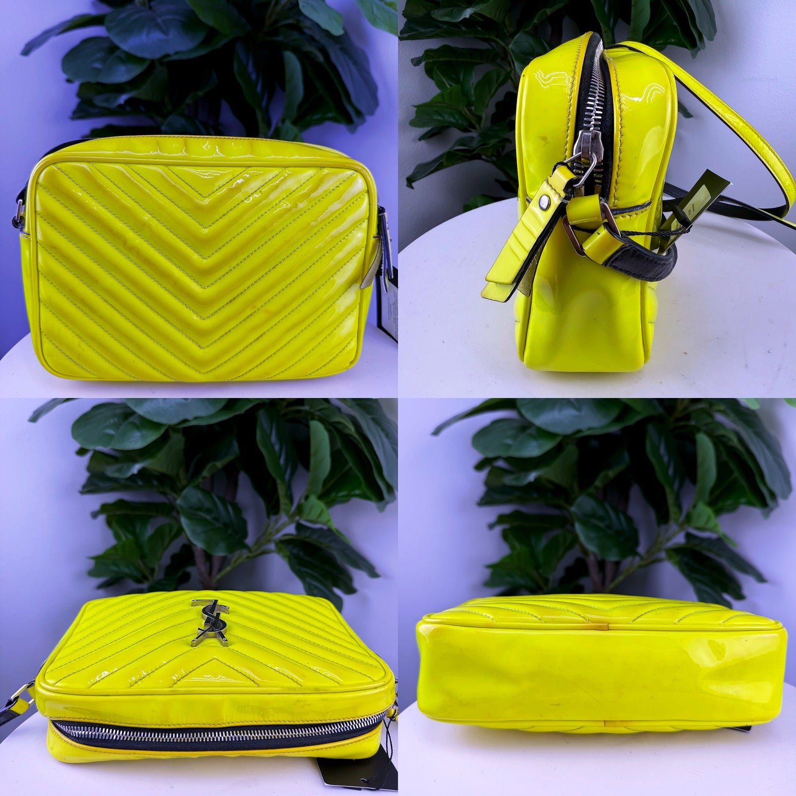 Authentic Saint Laurent Lou Neon Yellow Patent Camera Bag - detail angles