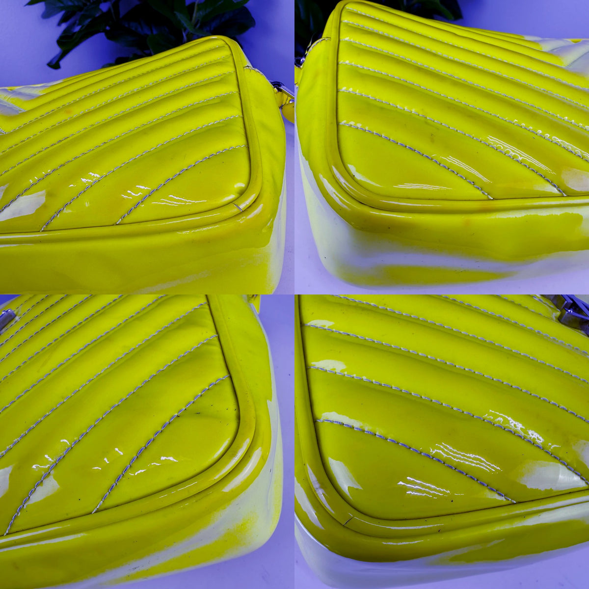 Authentic Saint Laurent Lou Neon Yellow Patent Camera Bag - detail angles