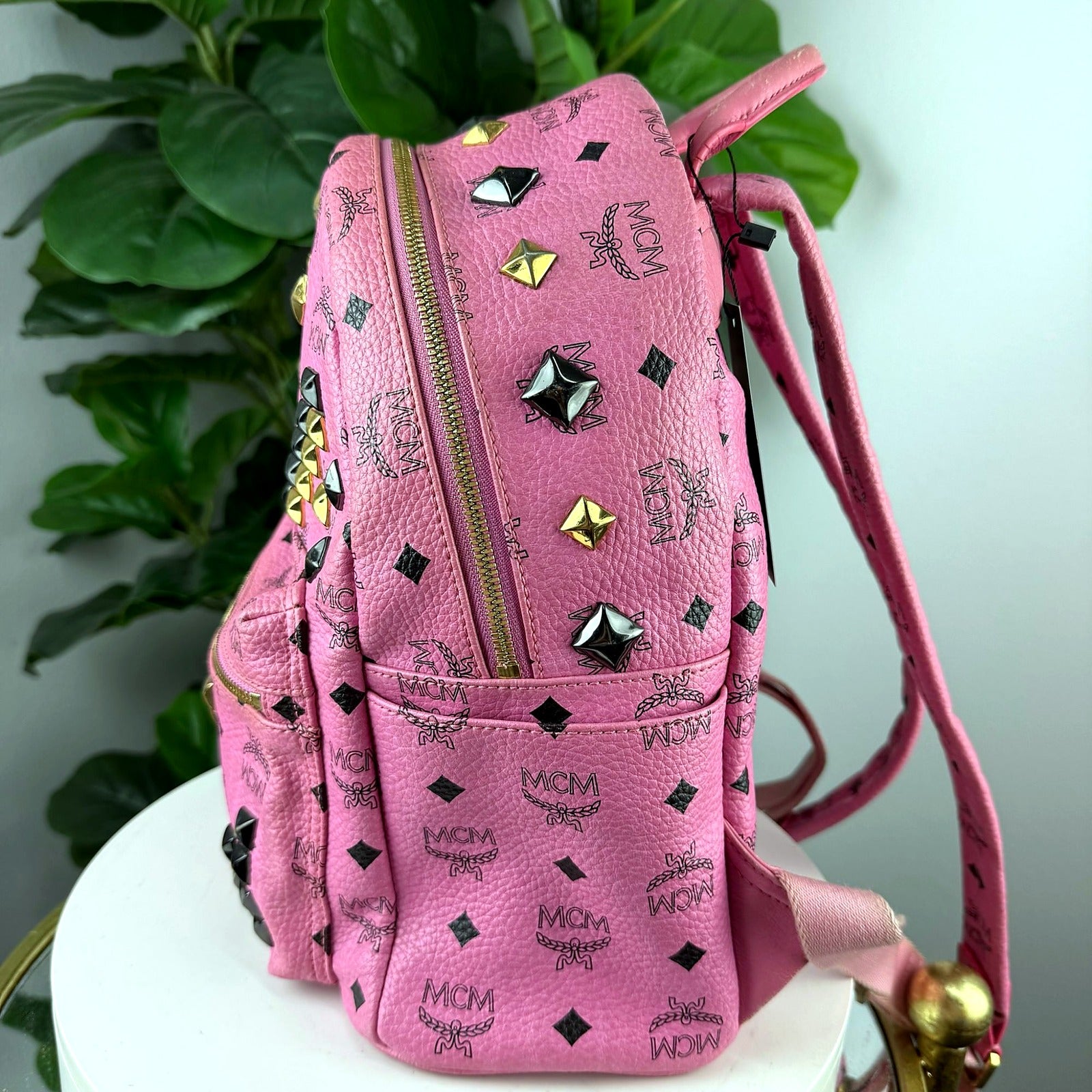 Authentic MCM Stark Pink Visetos Studded Backpack - back