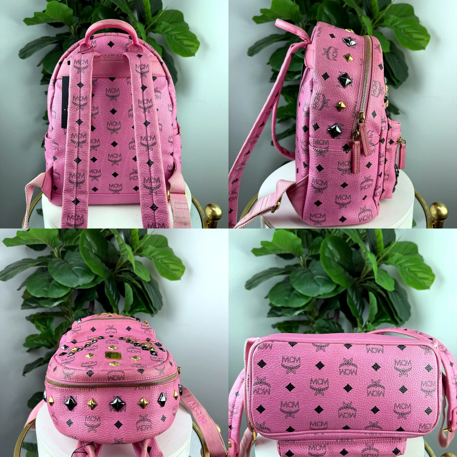 Authentic MCM Stark Pink Visetos Studded Backpack - detail angles