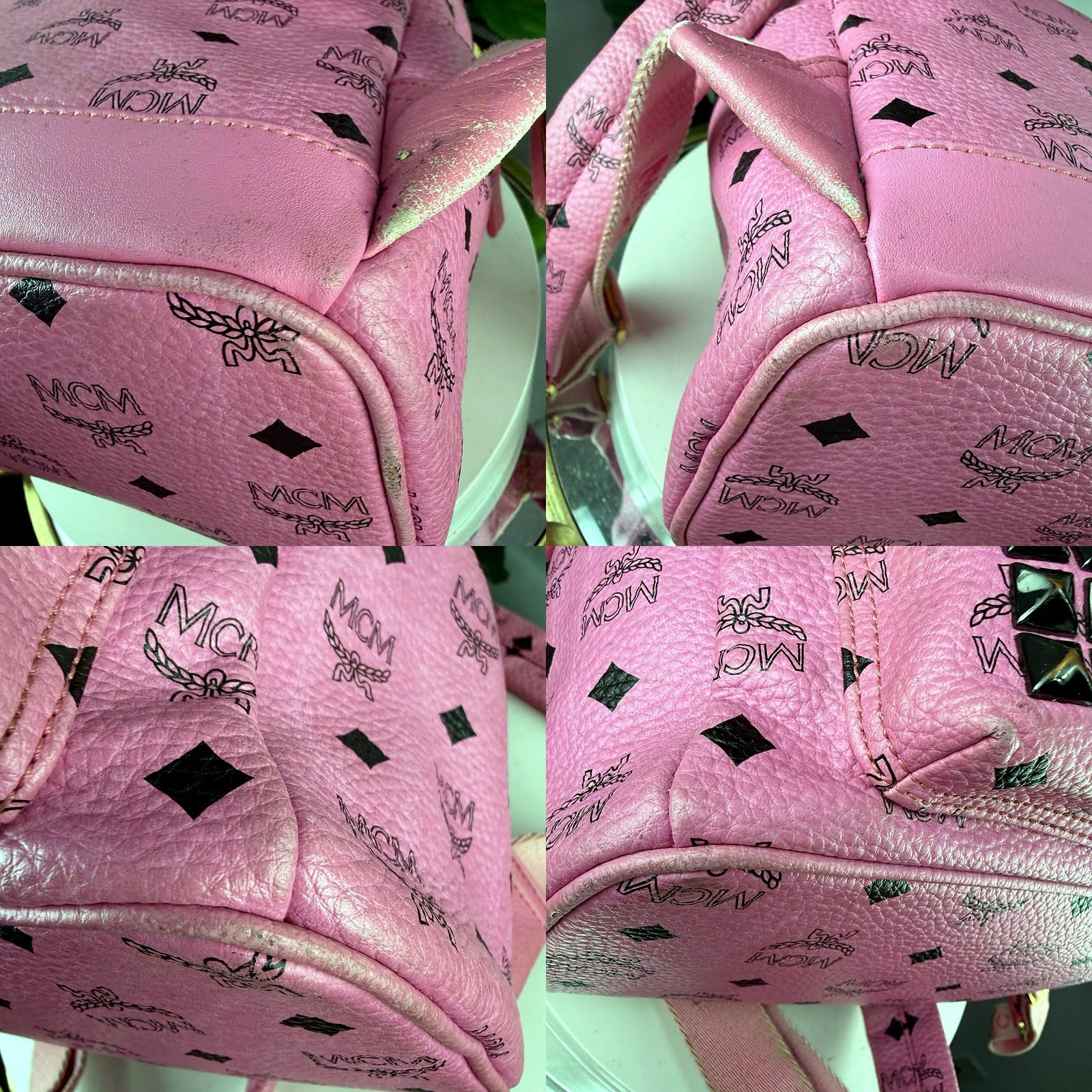 Authentic MCM Stark Pink Visetos Studded Backpack - stud detail
