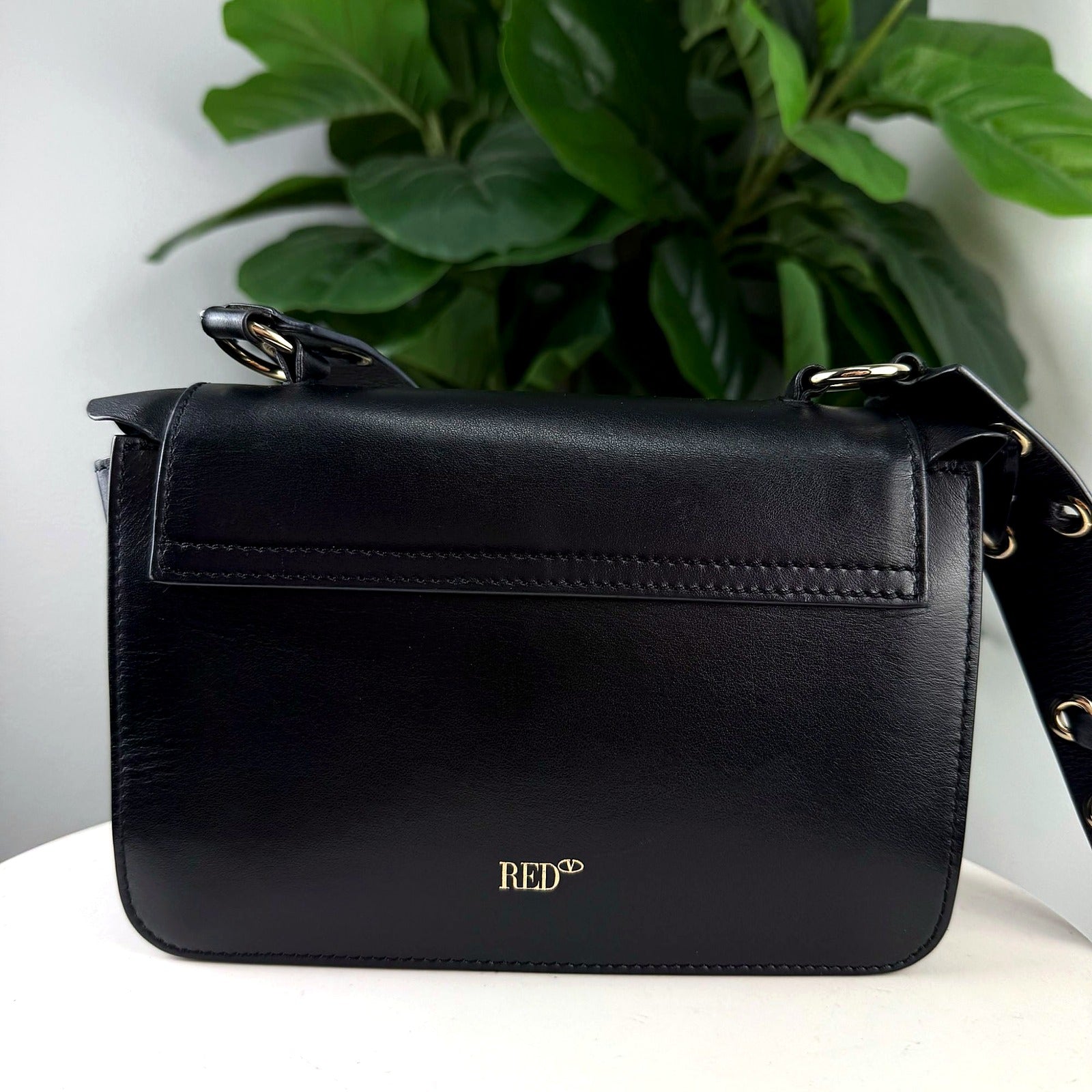Authentic RED Valentino Black Leather Ruffle Edge Flap Crossbody Bag - front