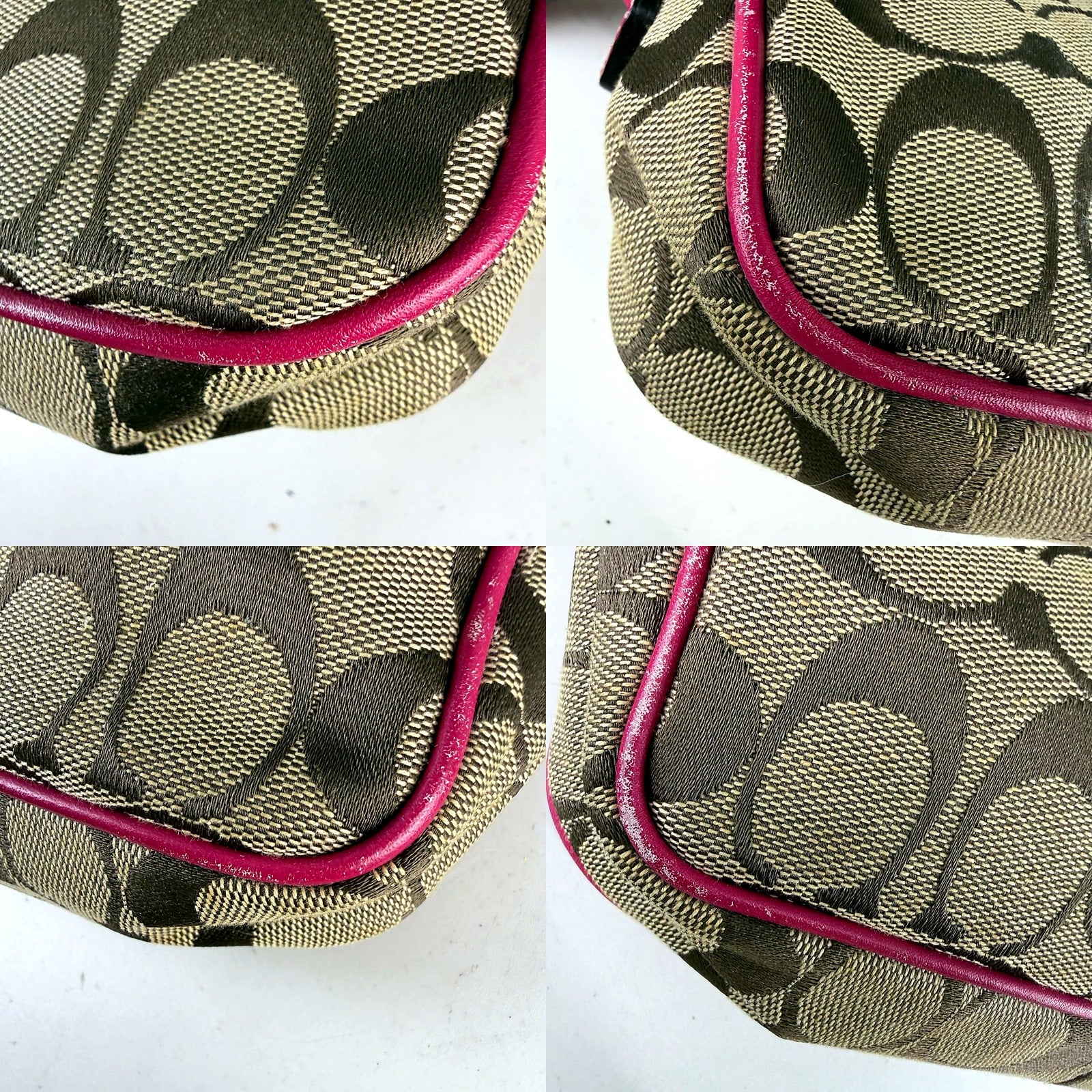 Authentic Coach Tan Signature Canvas Satchel with Pink Leather Trim - texture and trim detail
