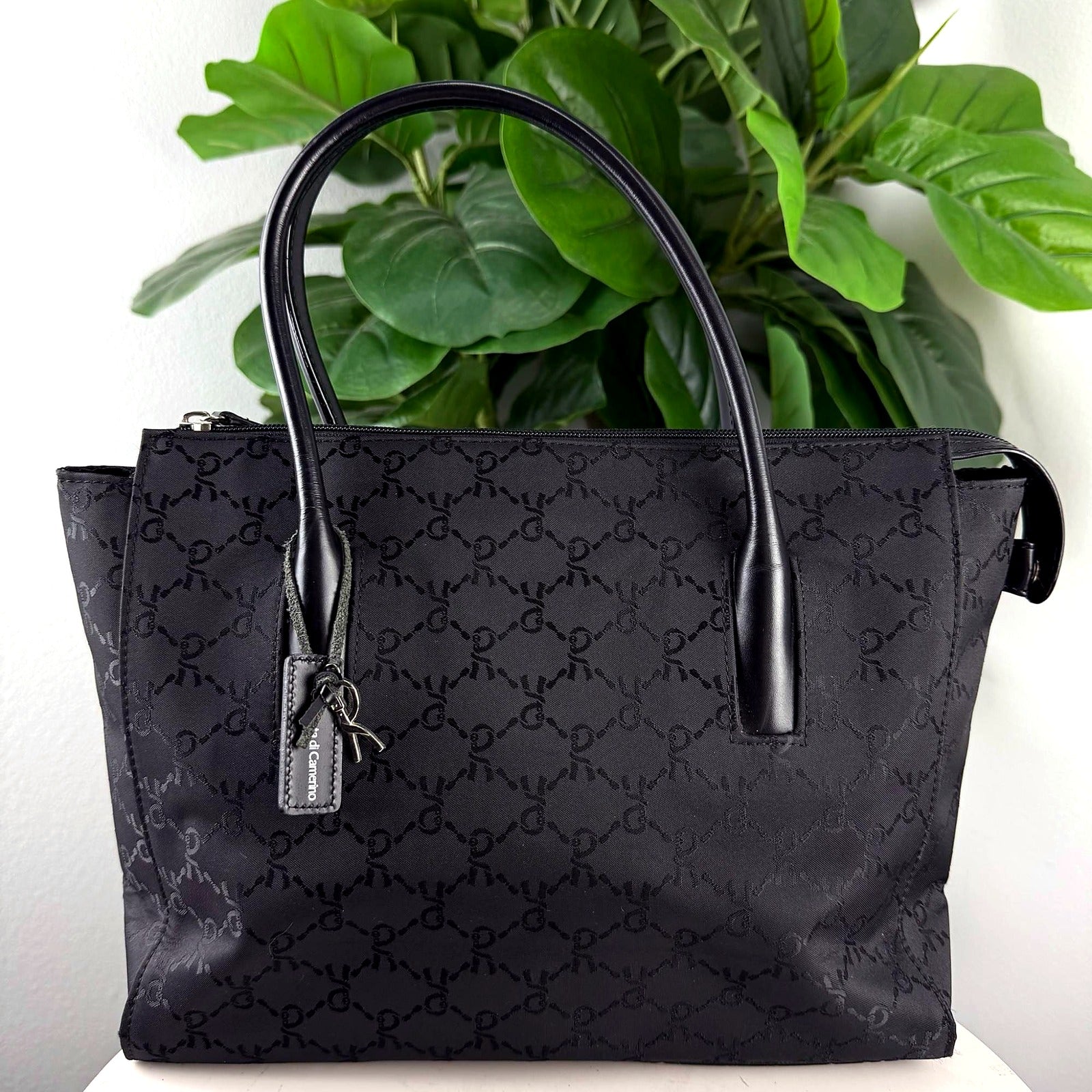 Authentic Vintage Roberta di Camerino Black Jacquard Nylon Tote Bag - front view