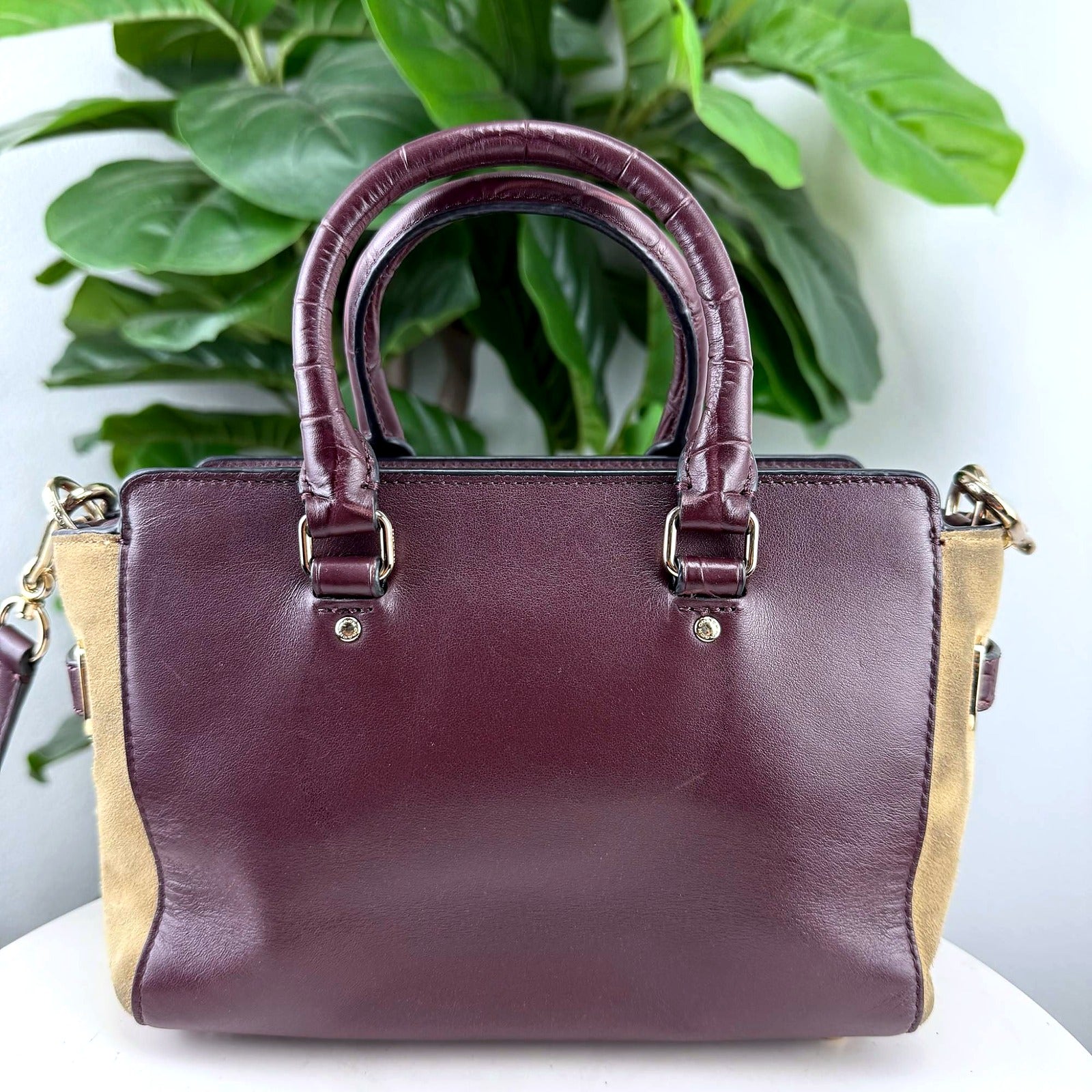 Authentic Coach Burgundy Leather and Tan Suede Turnlock Satchel Bag - alternate view