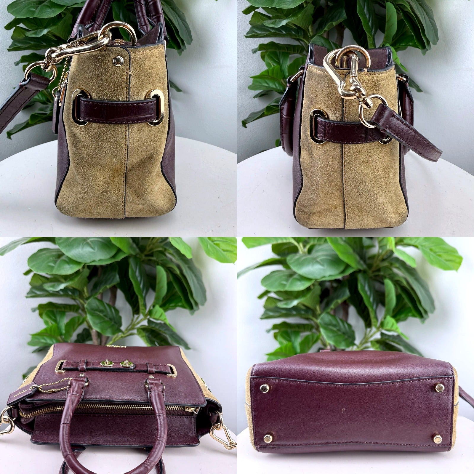 Authentic Coach Burgundy Leather and Tan Suede Turnlock Satchel Bag - detail grid 1
