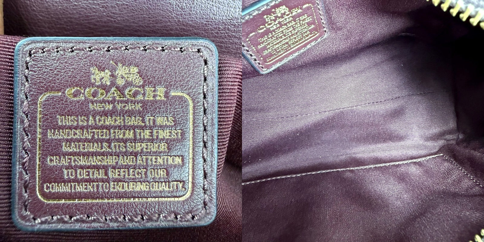 Authentic Coach Burgundy Leather and Tan Suede Turnlock Satchel Bag - interior brand patch