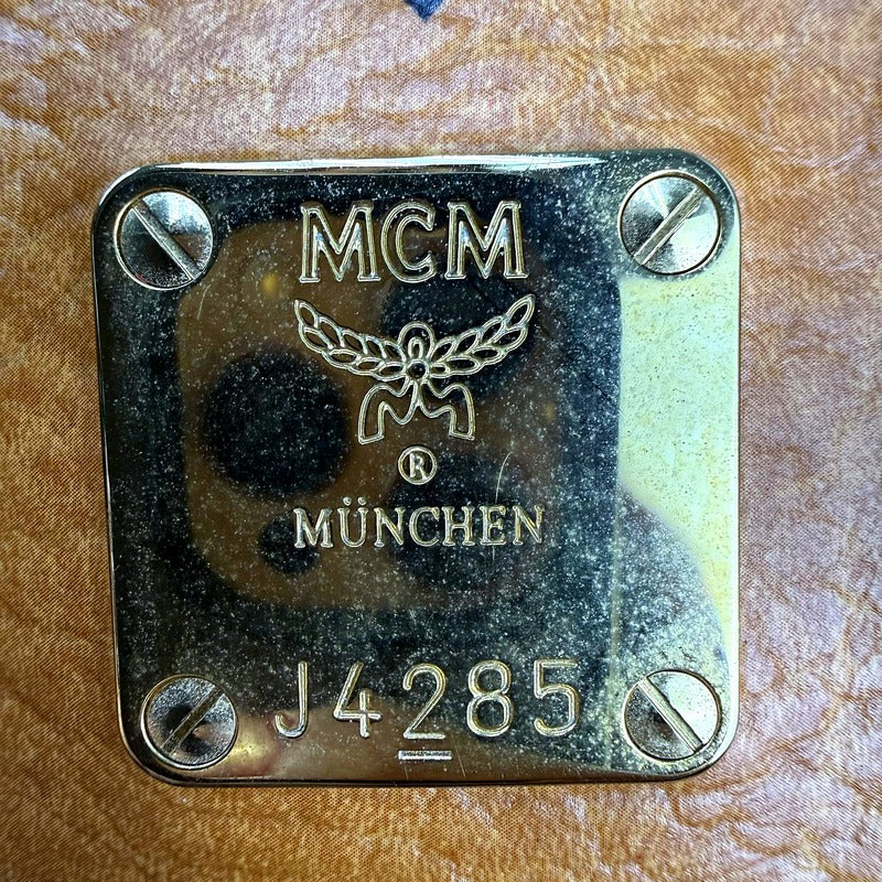 Authentic MCM Cognac Visetos Coated Canvas Tote Bag - MCM Munchen J4285 nameplate macro