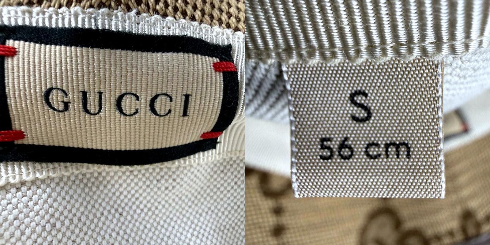 Gucci bucket hat GUCCI label and size tag S 56cm close-up