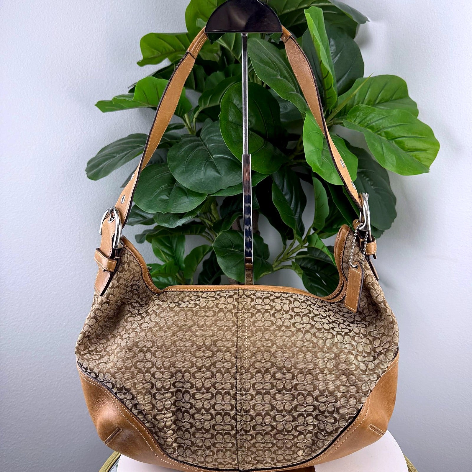 Authentic vintage Coach tan Signature jacquard hobo bag, front view