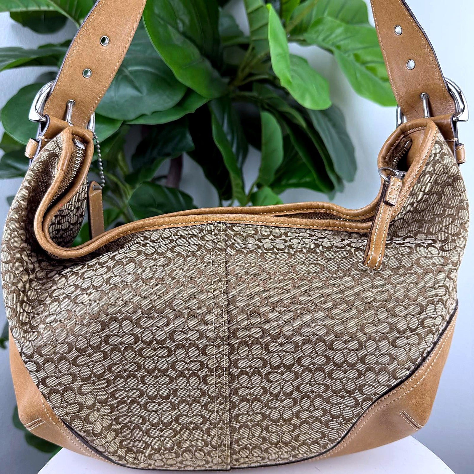 Authentic vintage Coach tan Signature jacquard hobo bag, back/side view