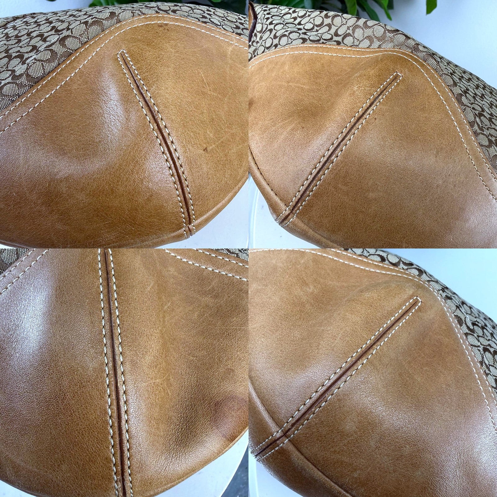 Coach hobo bag leather corner and stitching detail collage