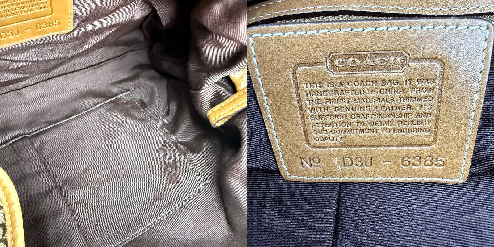 Coach hobo bag interior and serial number No D3J-6385