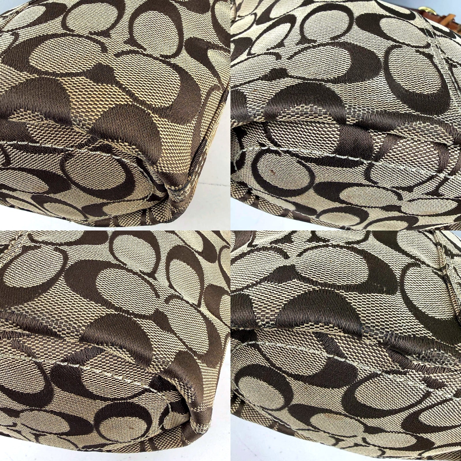 Authentic Vintage Coach Tan Signature Jacquard Canvas Bucket Bag with Cognac Leather Trim - fabric detail