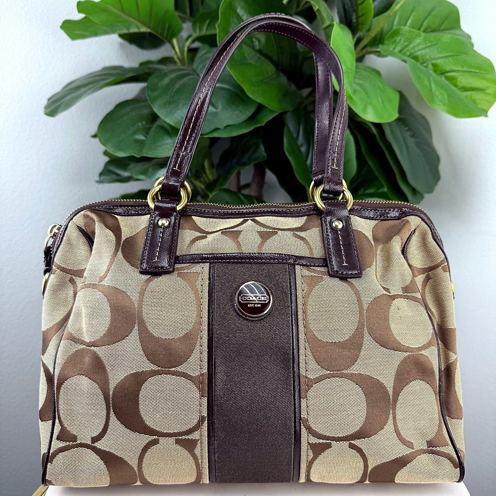 Authentic Coach tan Signature jacquard satchel with brown patent leather trim, front view