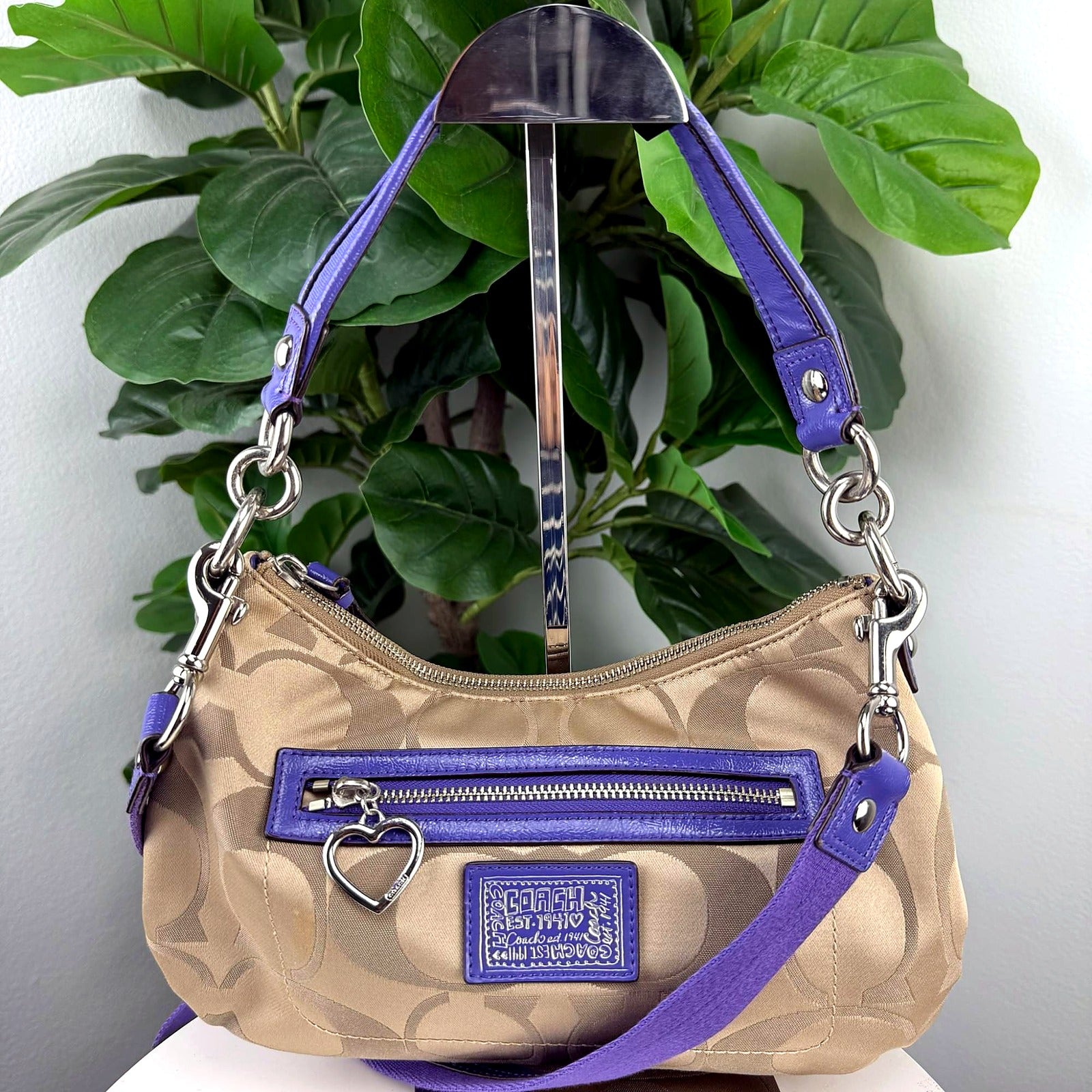 Authentic Coach Tan Signature Jacquard Canvas Hobo Bag with Purple Patent Leather Trim - front
