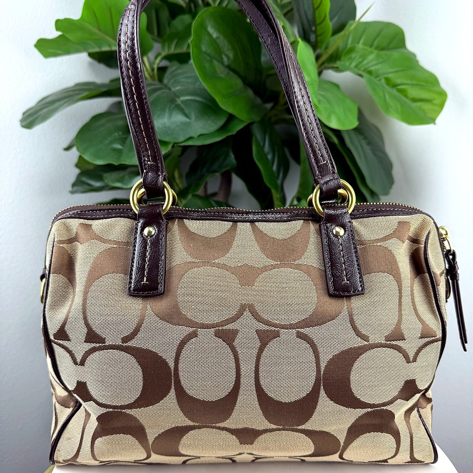 Authentic Coach tan Signature jacquard satchel, back view