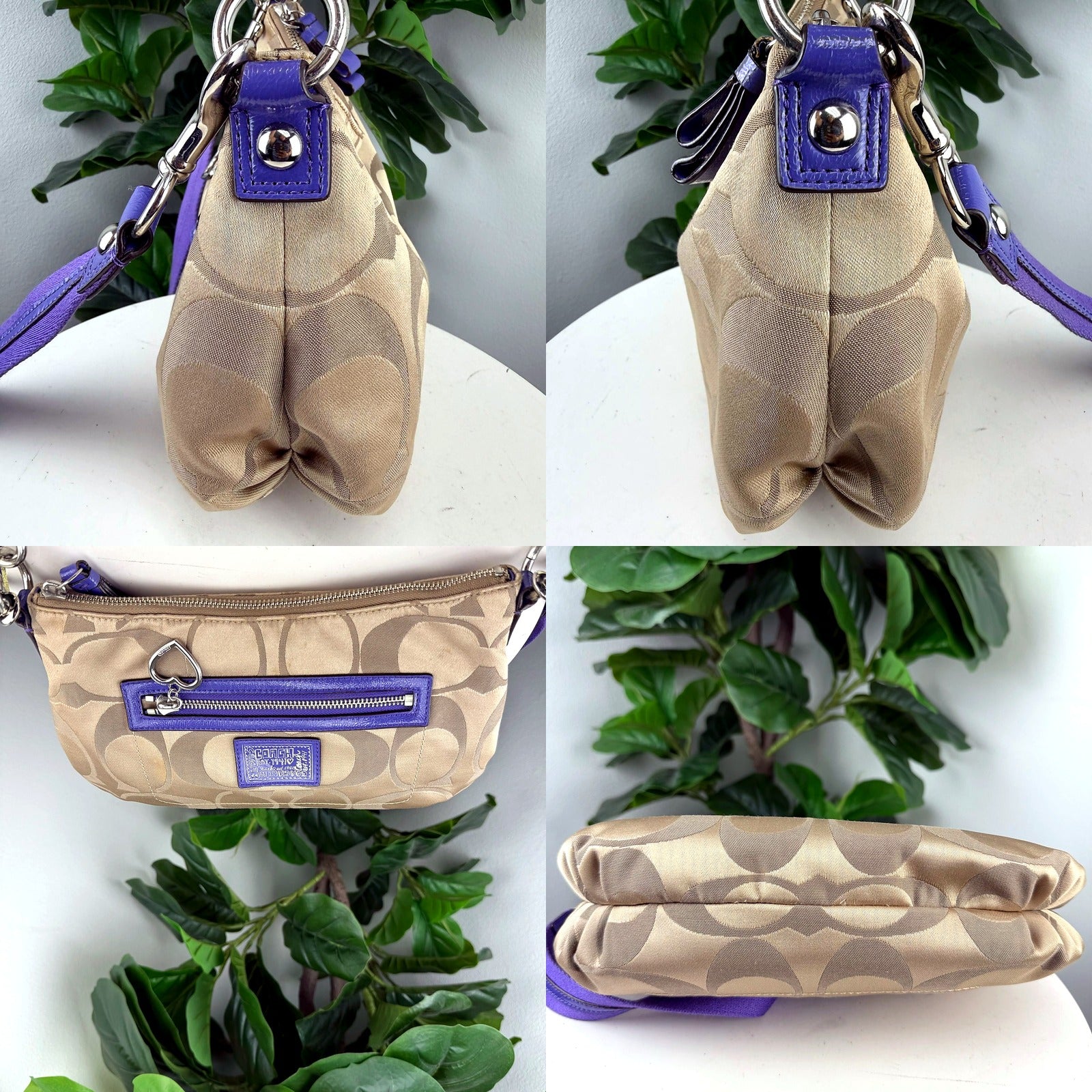 Coach Signature jacquard hobo bag - hardware, strap, zip pocket and bottom detail collage