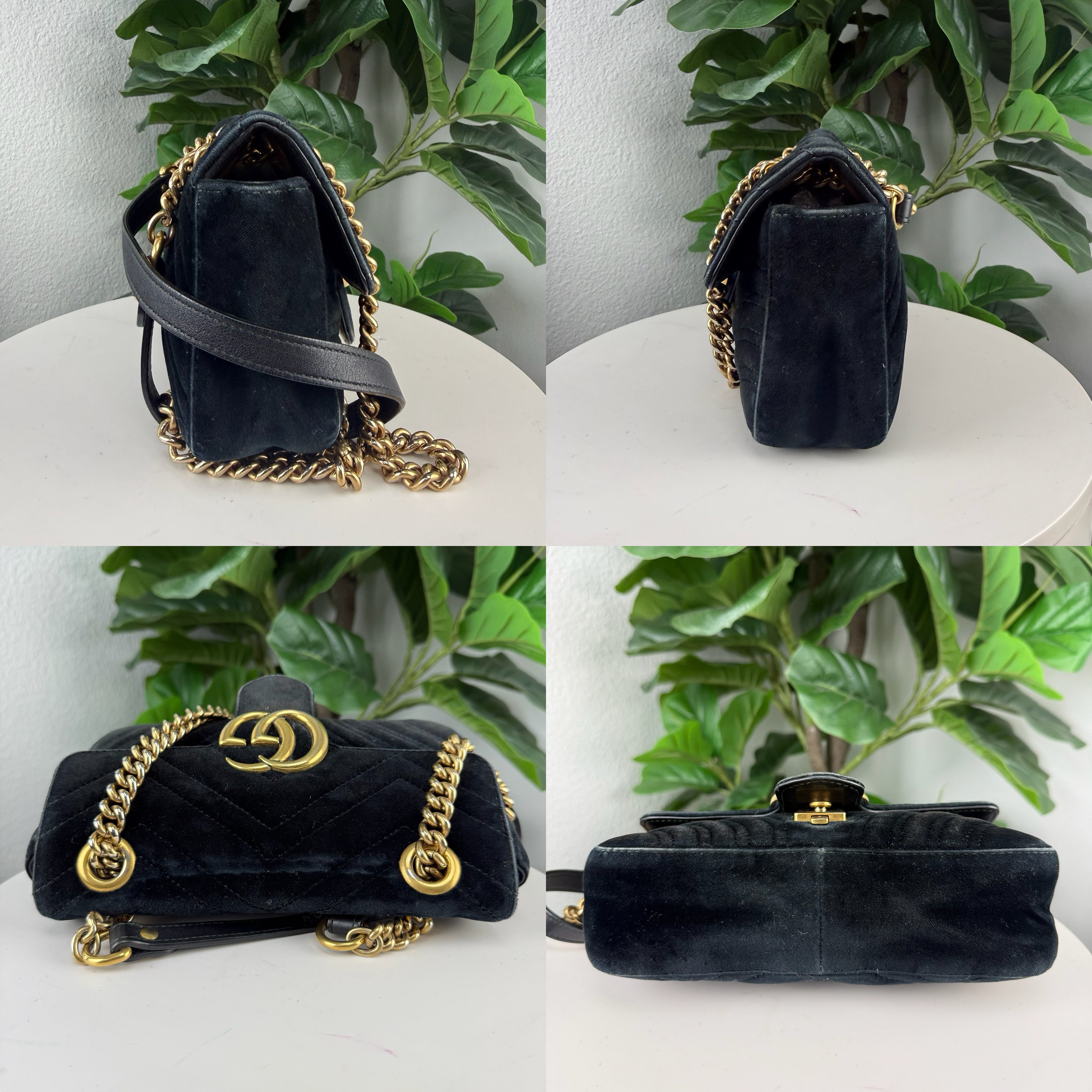Authentic Gucci GG Marmont Black Chevron Velvet Shoulder Bag