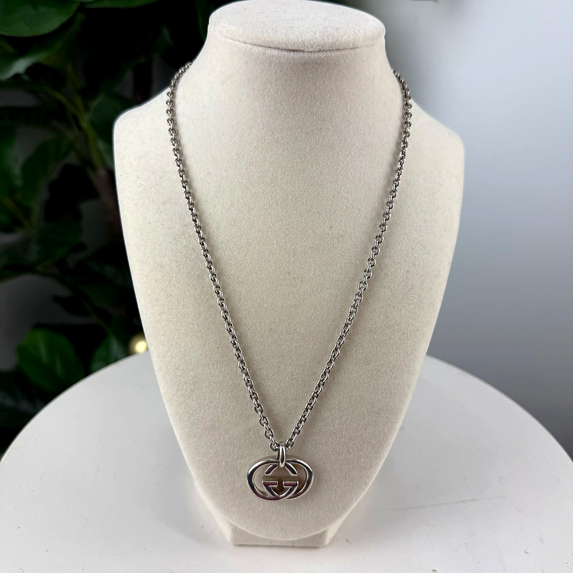 Authentic Gucci Sterling Silver Interlocking GG Pendant Necklace - front