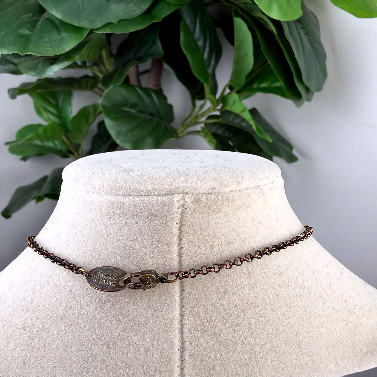 Authentic Vivienne Westwood Gunmetal-Tone Cross Orb Pendant Necklace - clasp detail with engraved Vivienne Westwood tag
