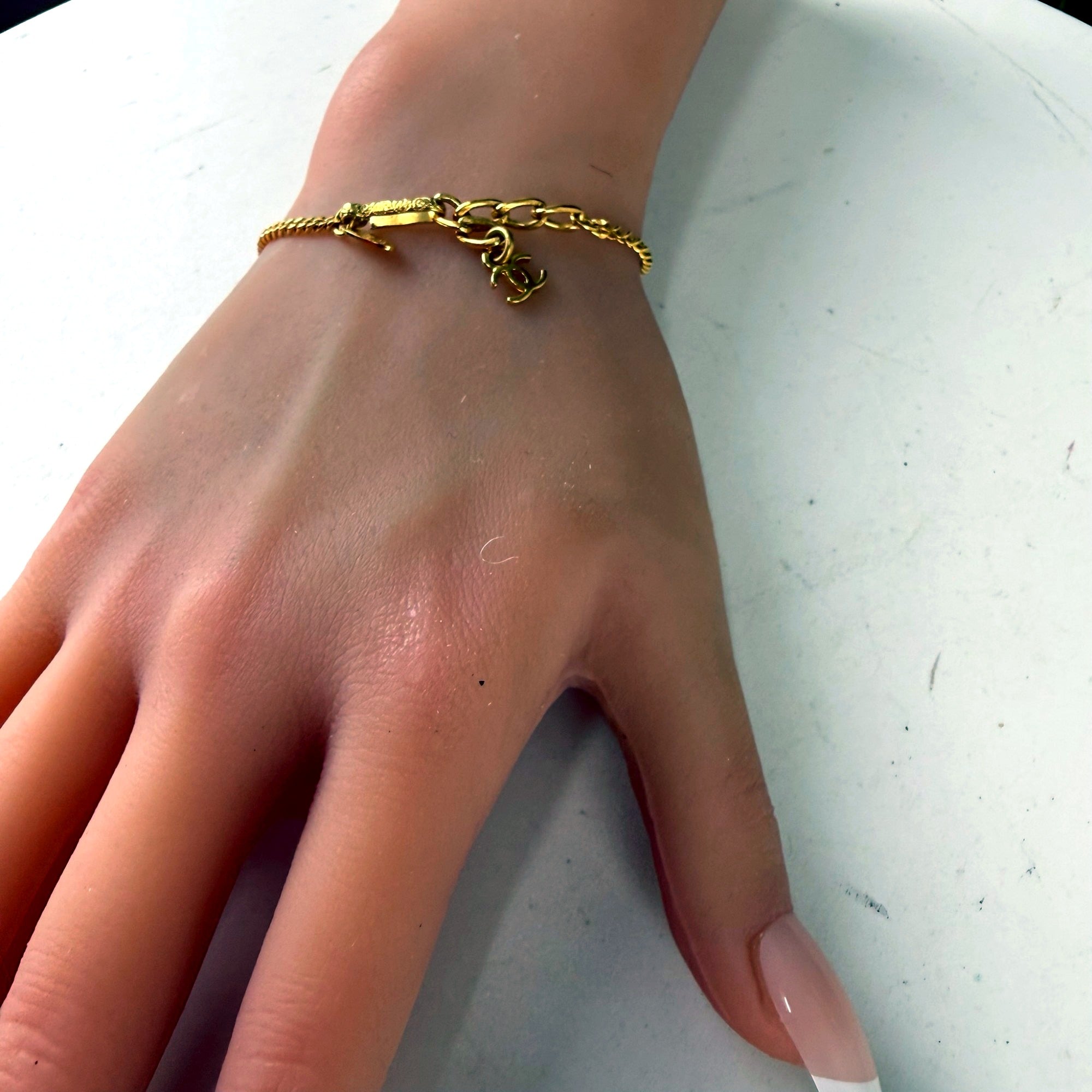 Authentic Chanel Gold-Tone CC Logo Pearl Bead Bracelet - clasp and CC charm hero