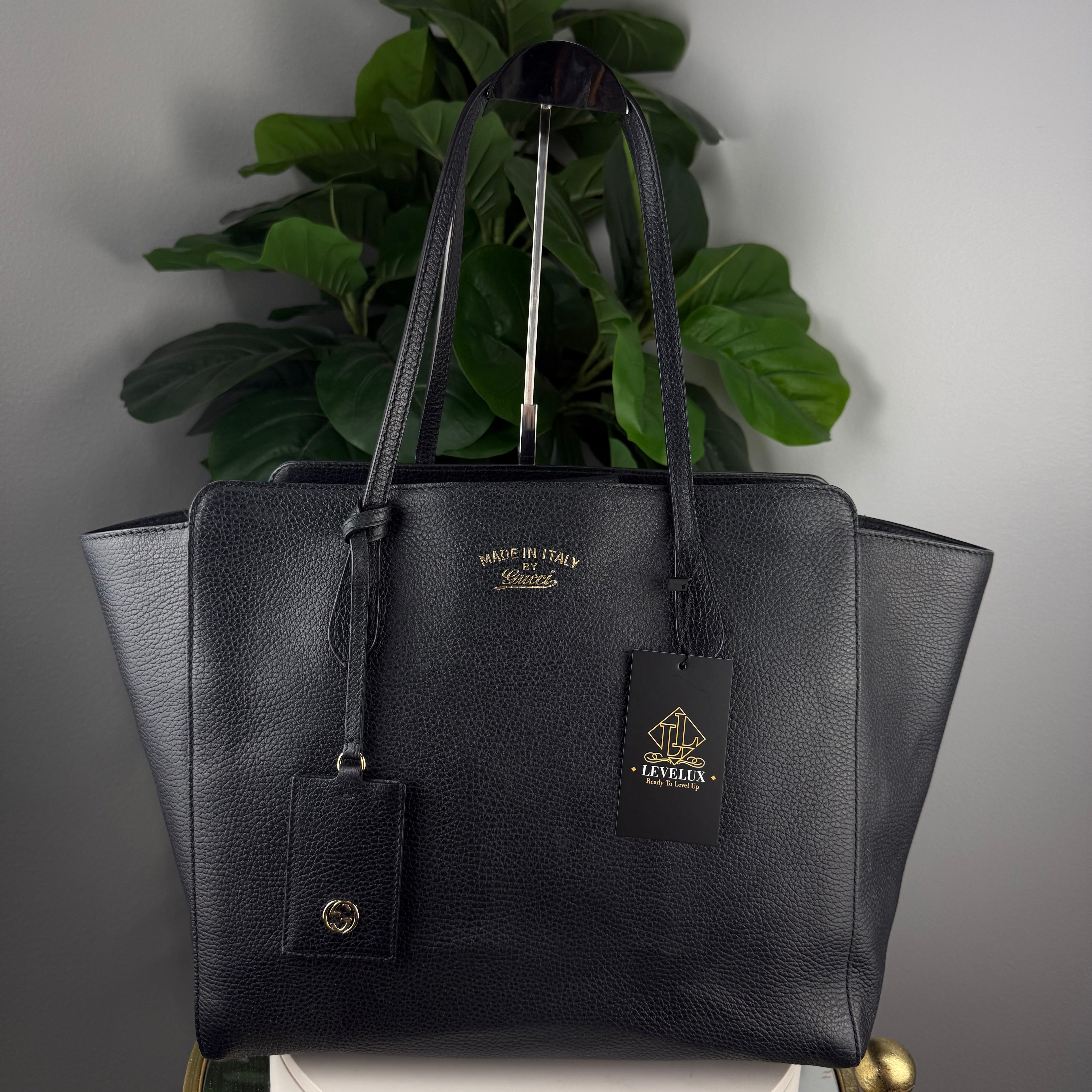 Authentic Gucci Swing Black Pebbled Leather Tote Bag