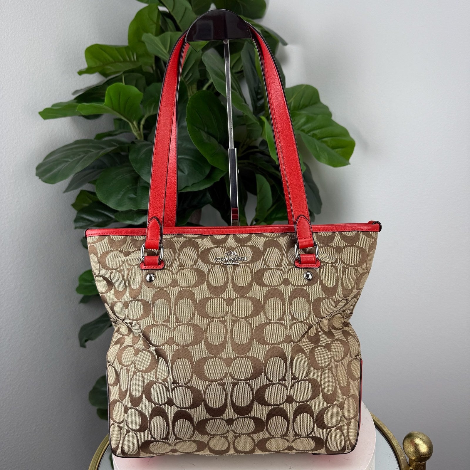 Coach signature tote with red trim - front