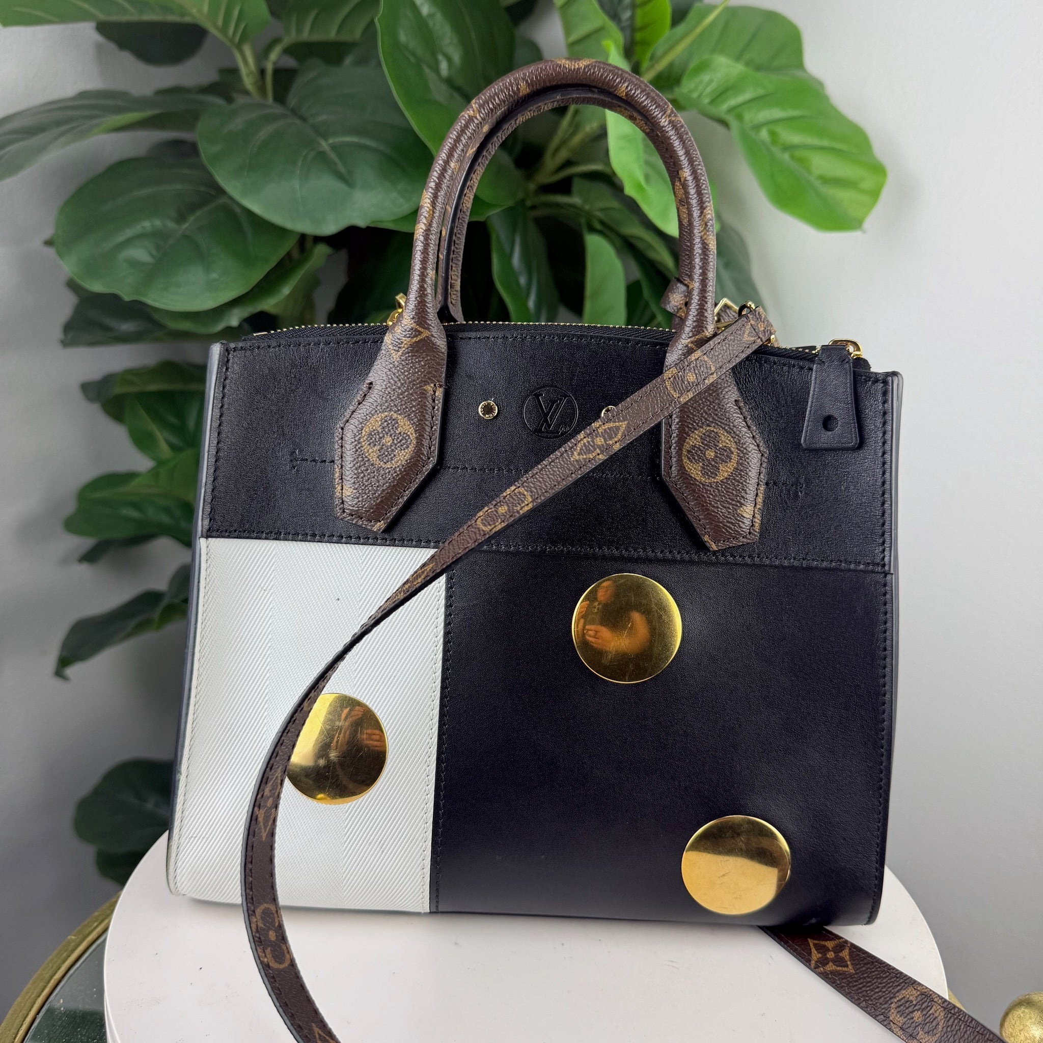 Louis Vuitton x NIGO LV² Black and White Leather Tote with Gold Medallions