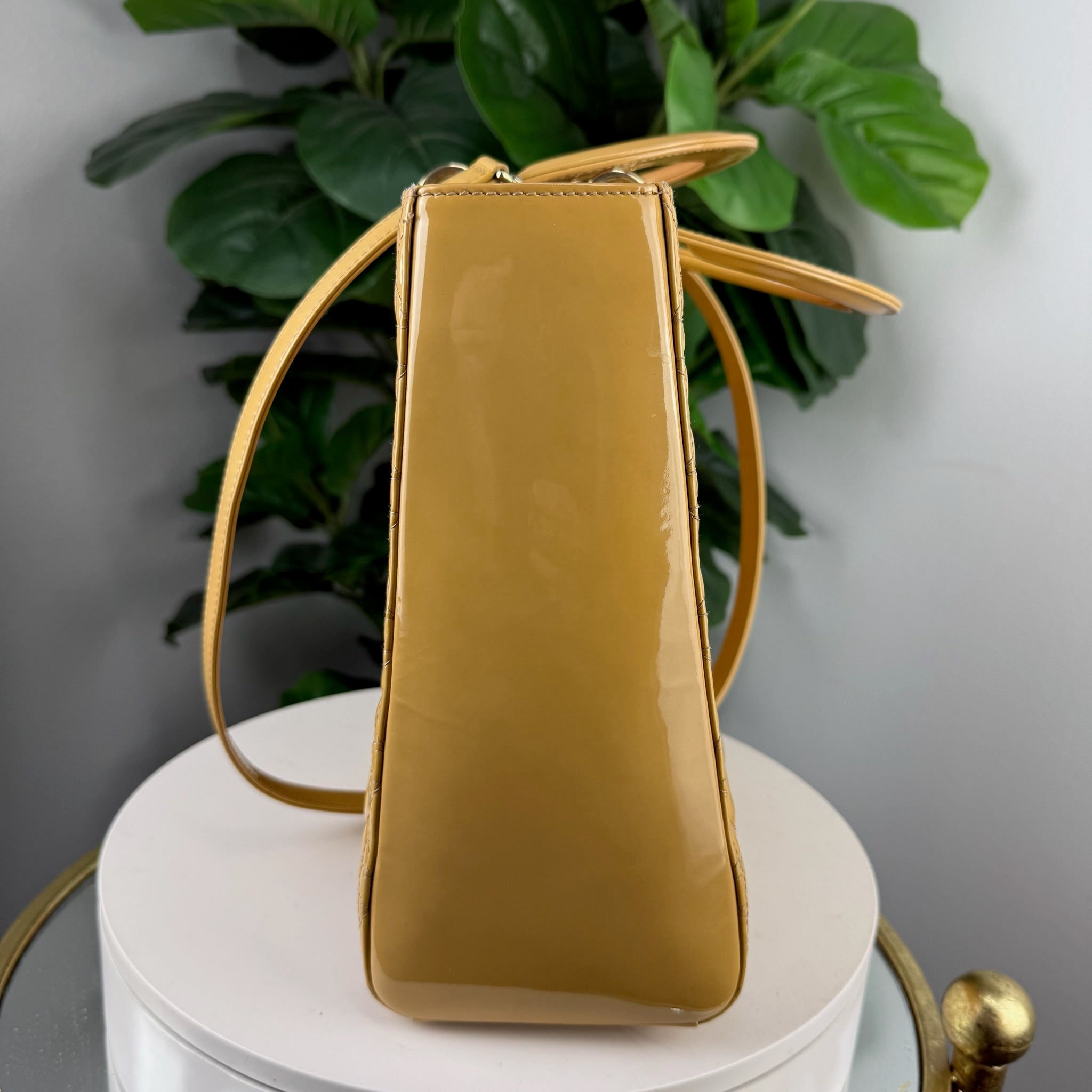 Authentic Christian Dior Lady Dior Patent Cannage Tote - Mustard