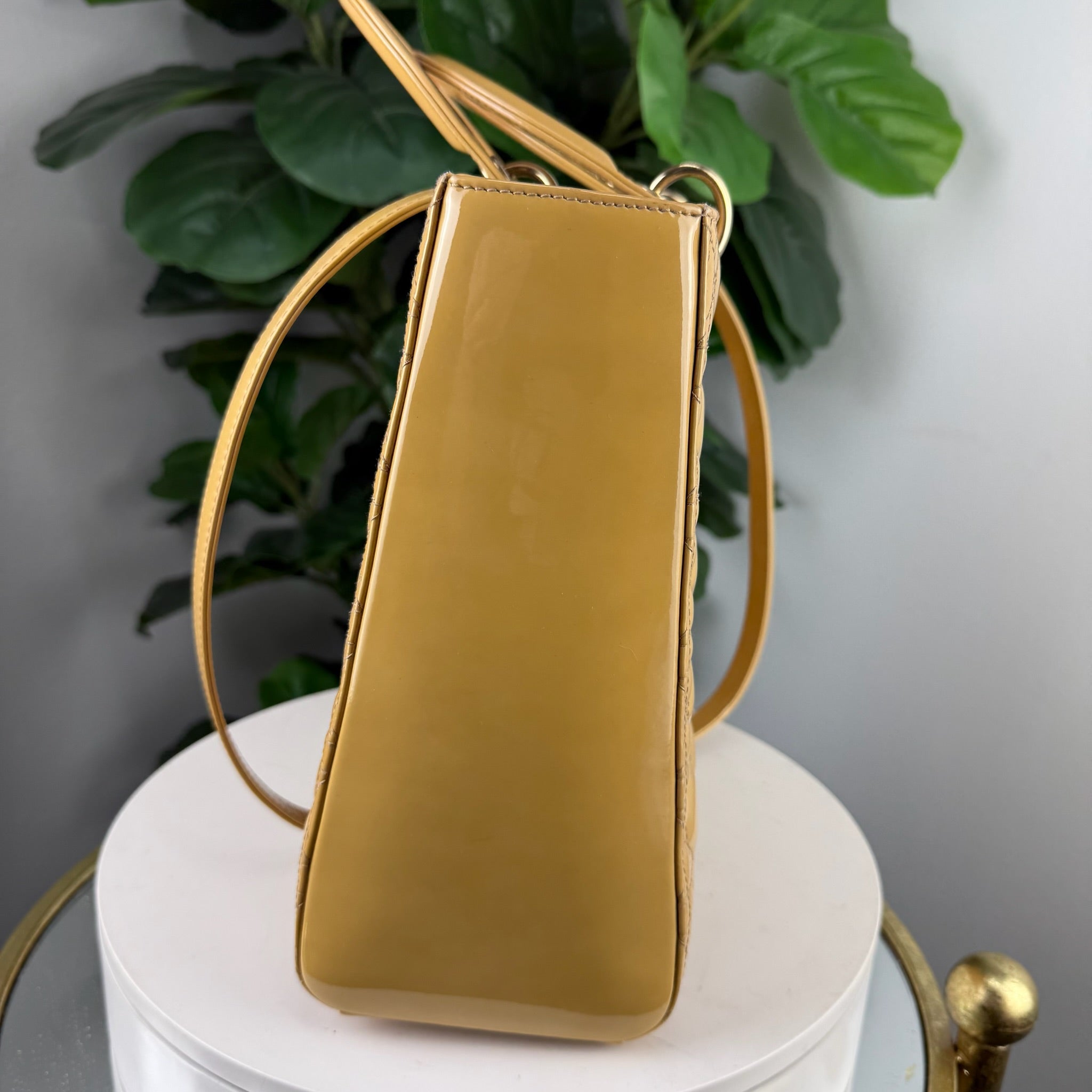 Authentic Christian Dior Lady Dior Patent Cannage Tote - Mustard