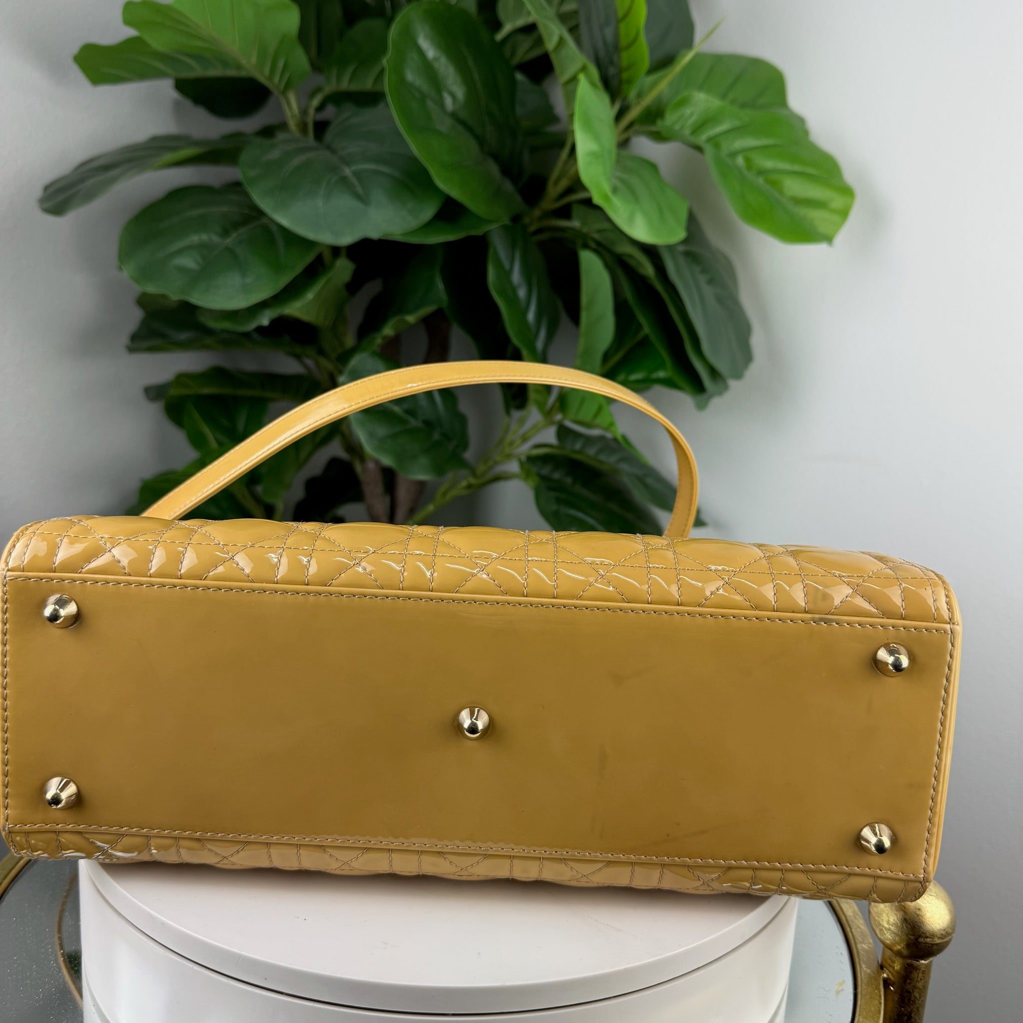 Authentic Christian Dior Lady Dior Patent Cannage Tote - Mustard