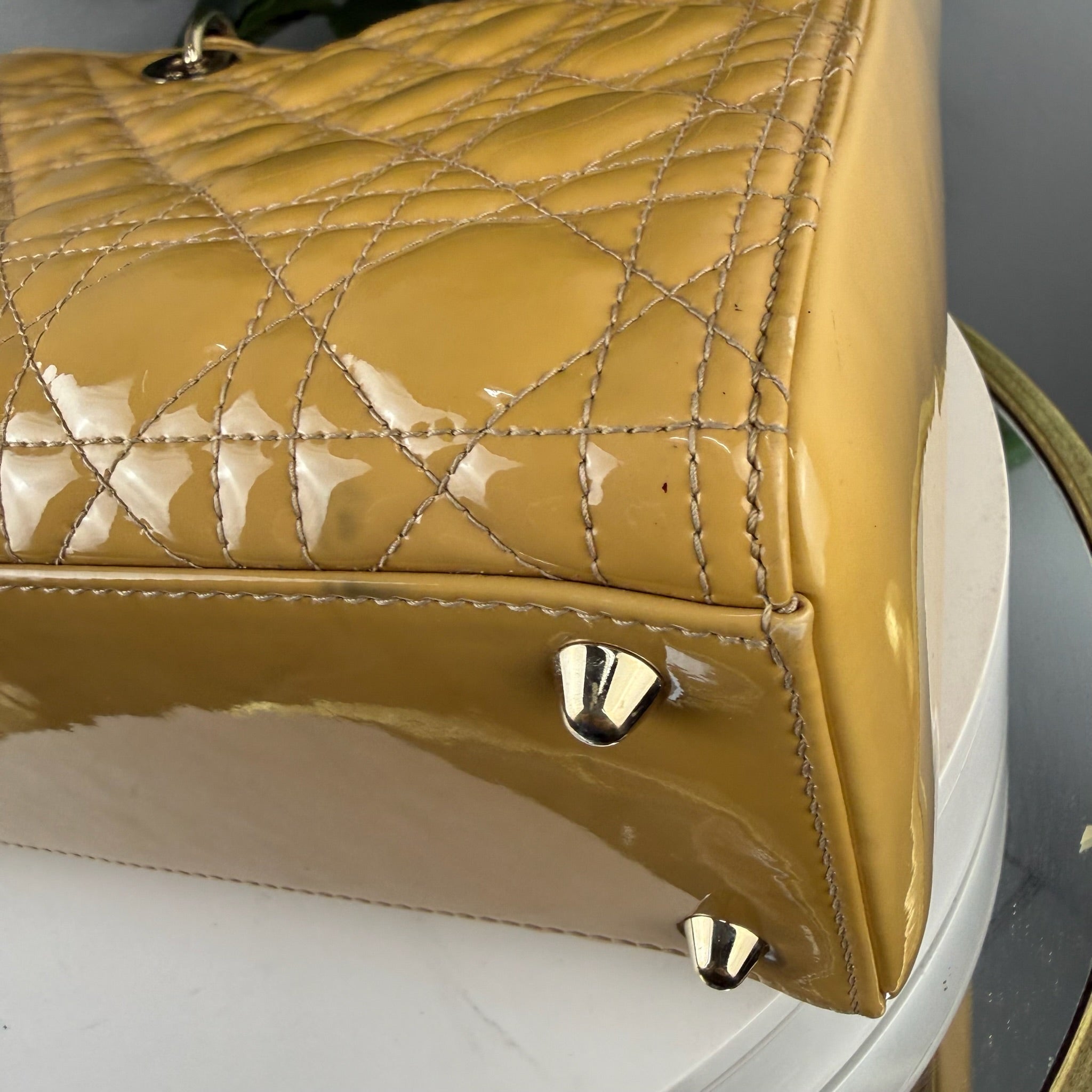 Authentic Christian Dior Lady Dior Patent Cannage Tote - Mustard