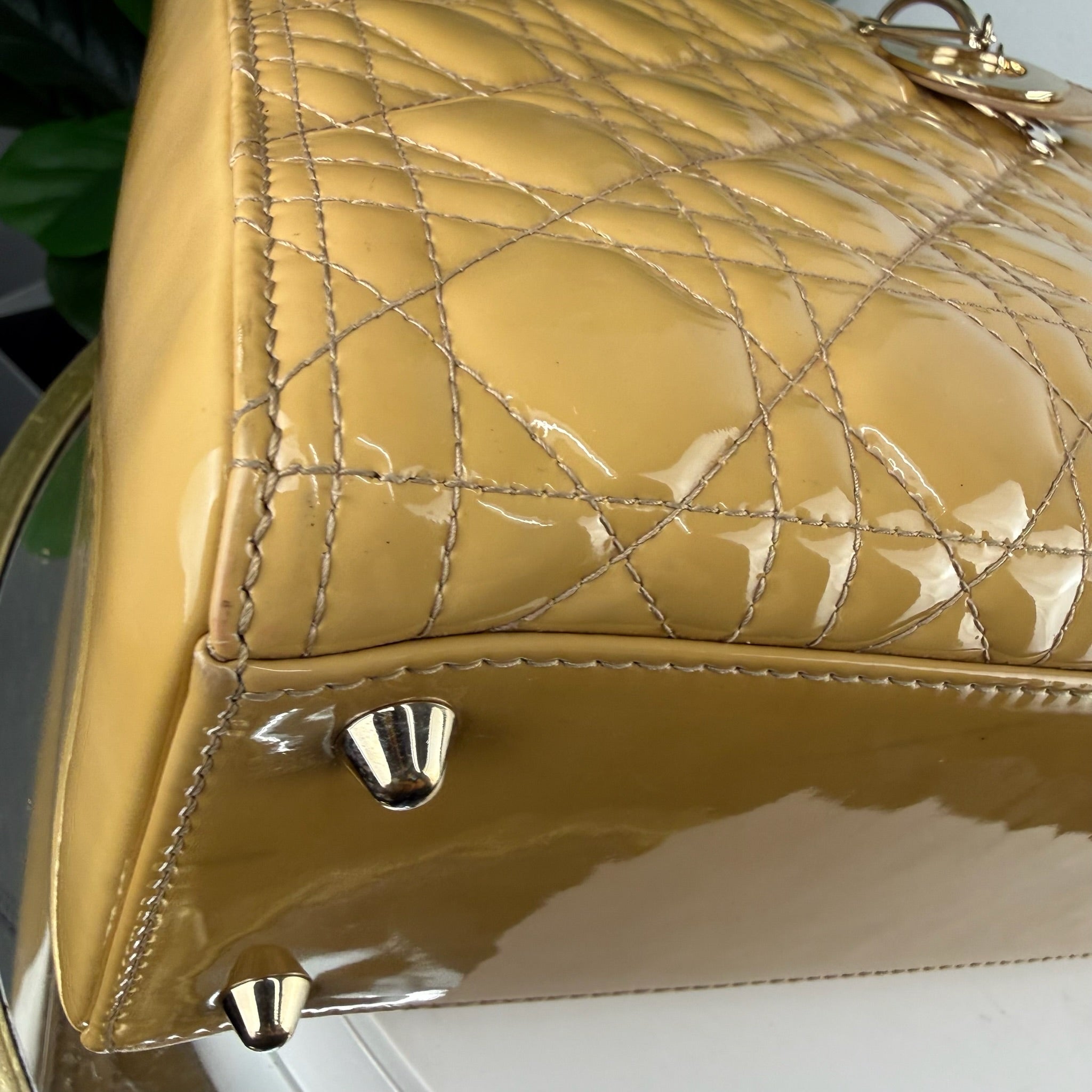 Authentic Christian Dior Lady Dior Patent Cannage Tote - Mustard