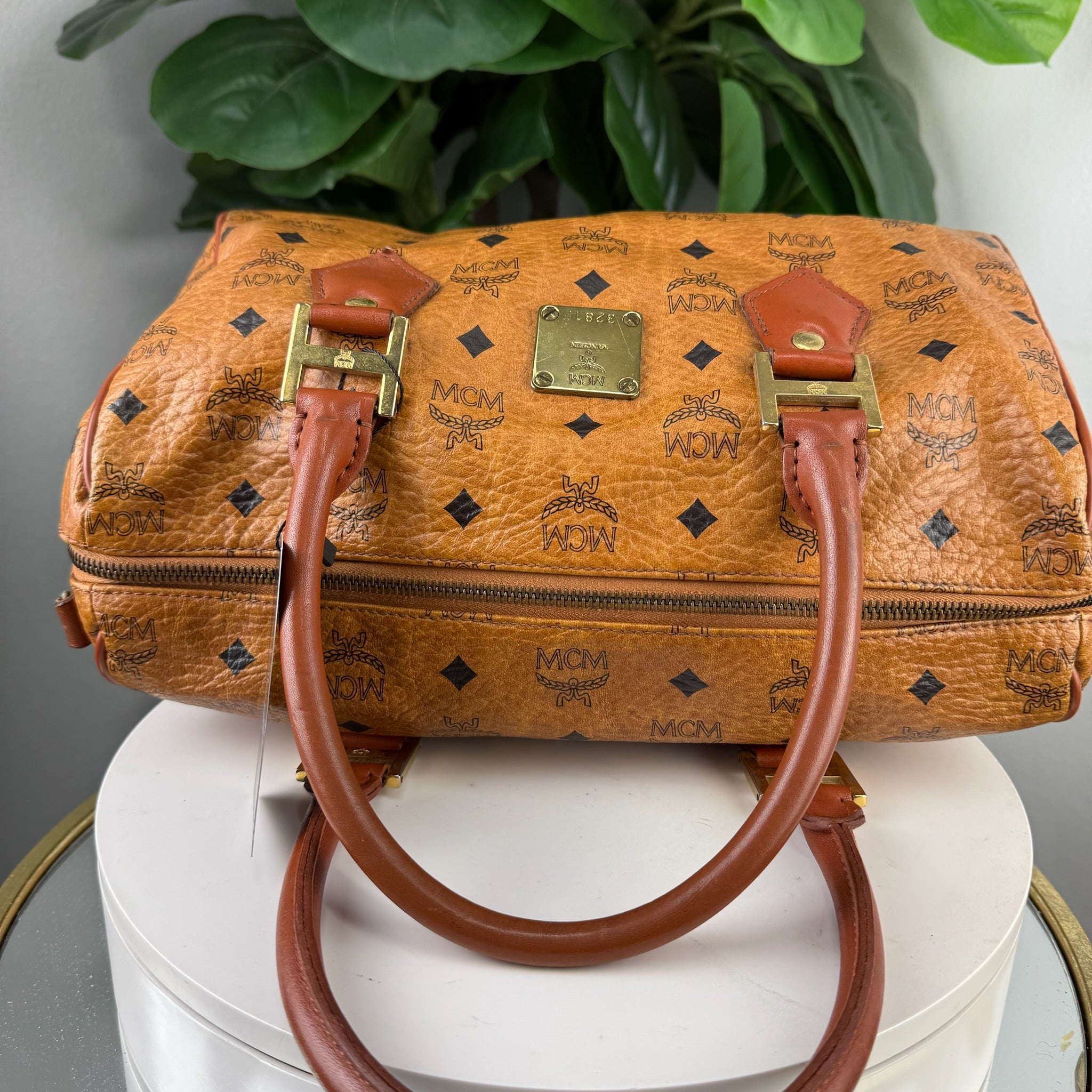 MCM Visetos Cognac Boston Bag