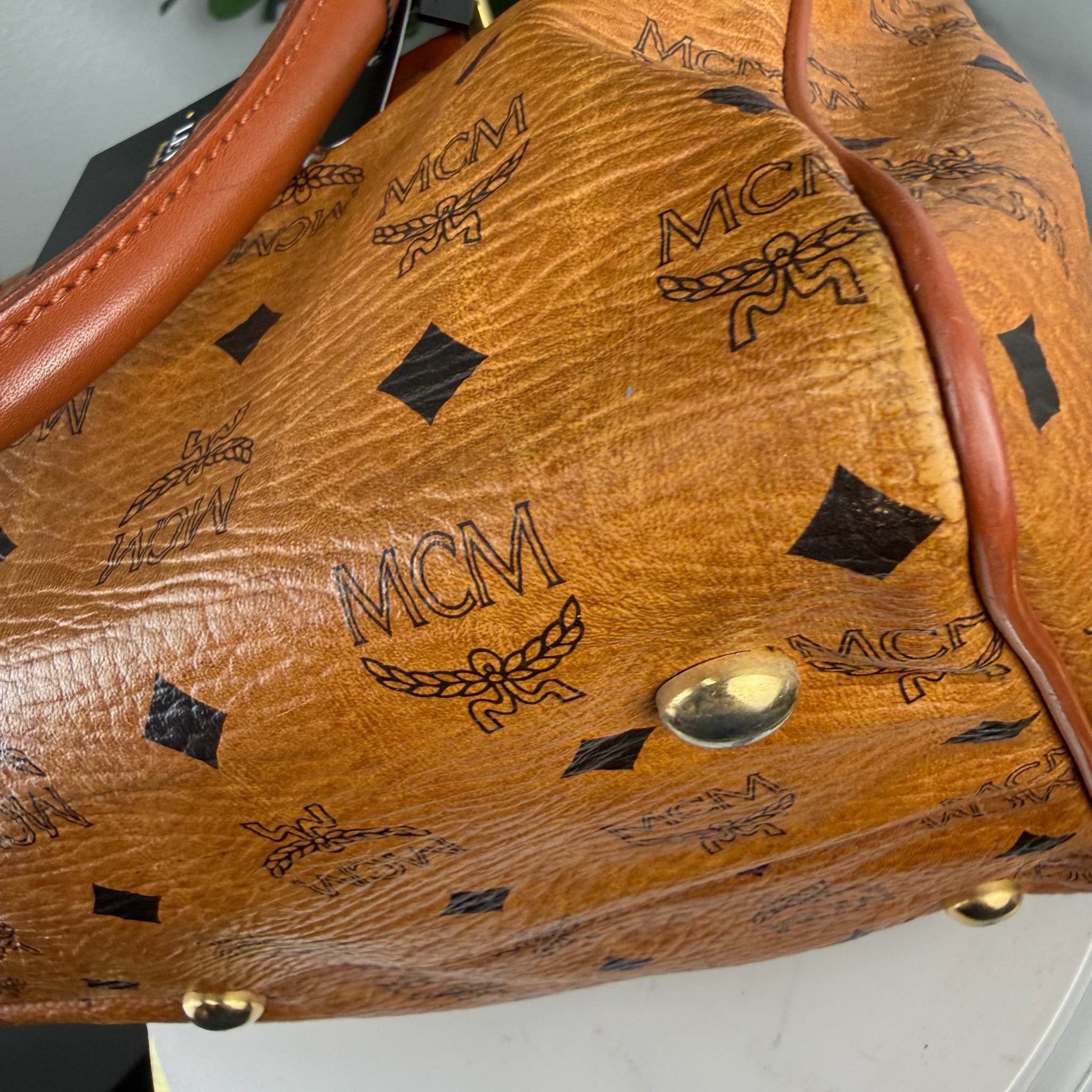 MCM Visetos Cognac Boston Bag
