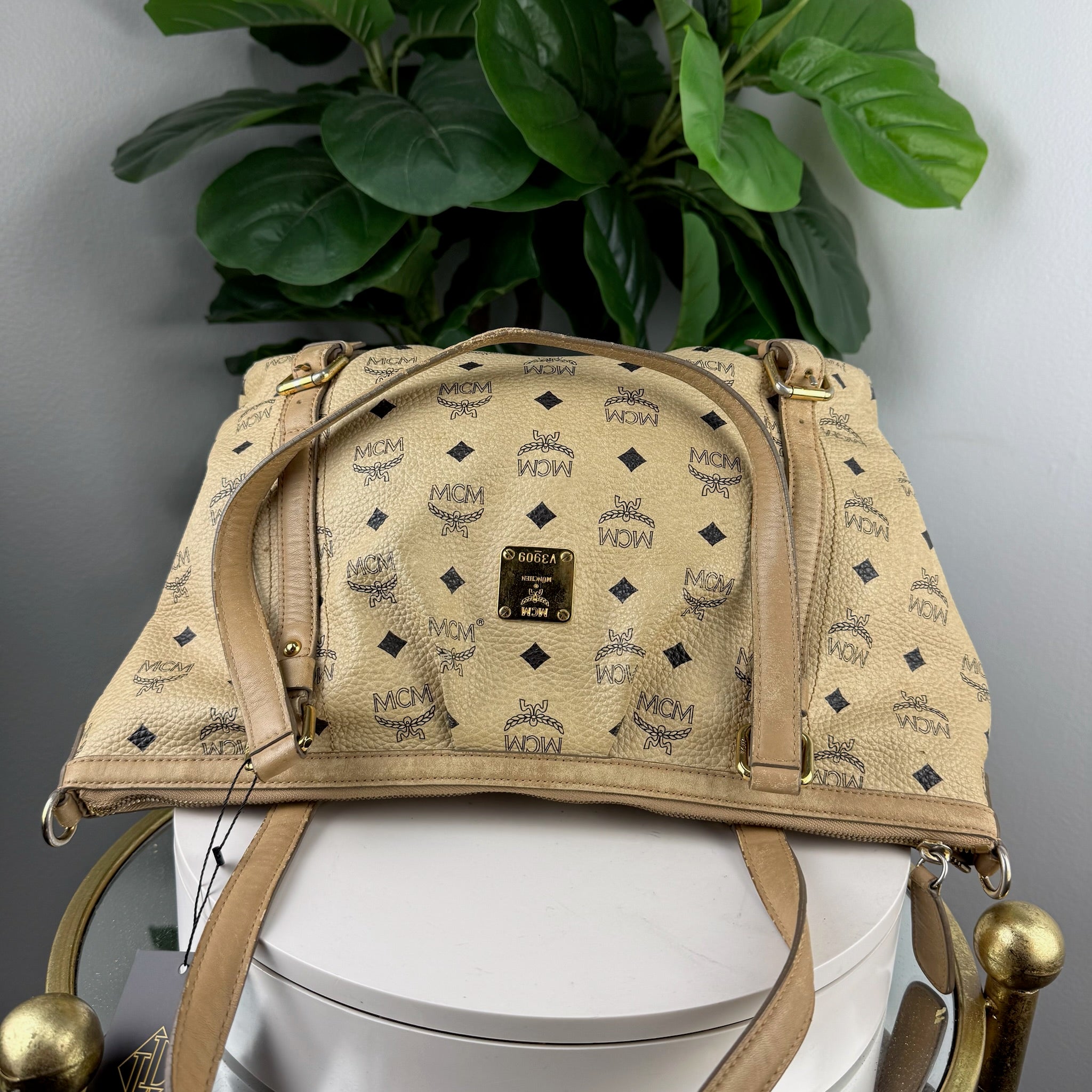 Authentic MCM Visetos Cognac Bucket Tote