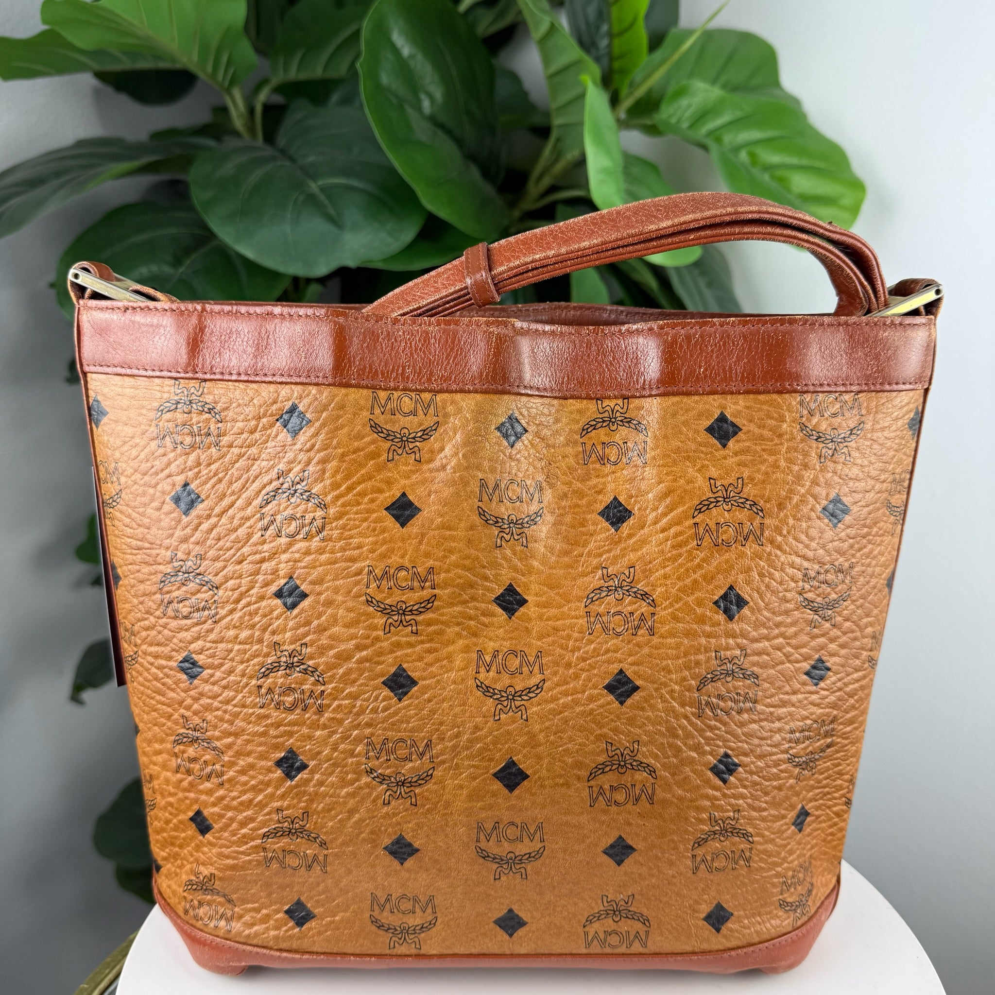 Authentic MCM Visetos Cognac Zip Shoulder Tote