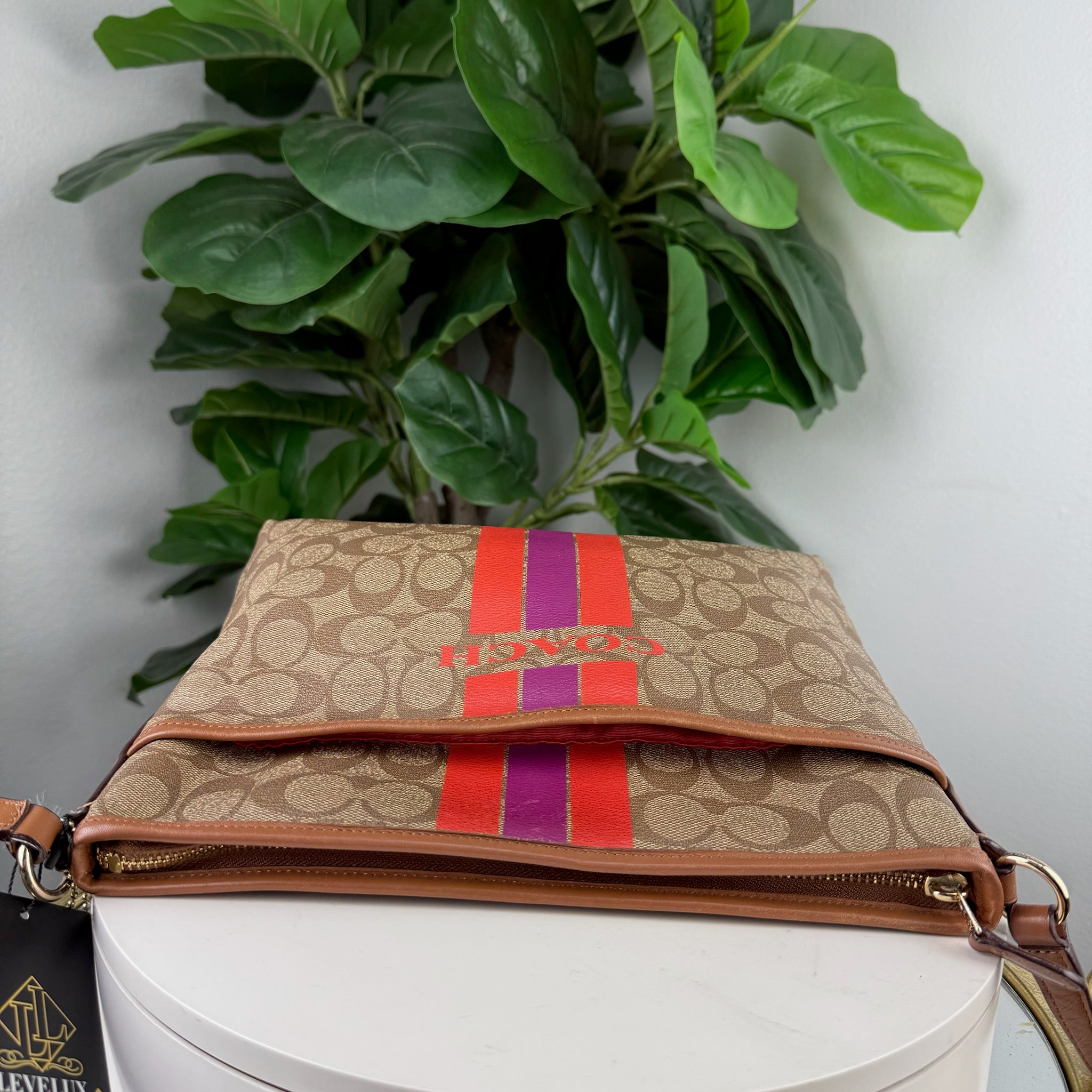 Coach Signature Canvas Foldover Varsity Stripe Crossbody Bag