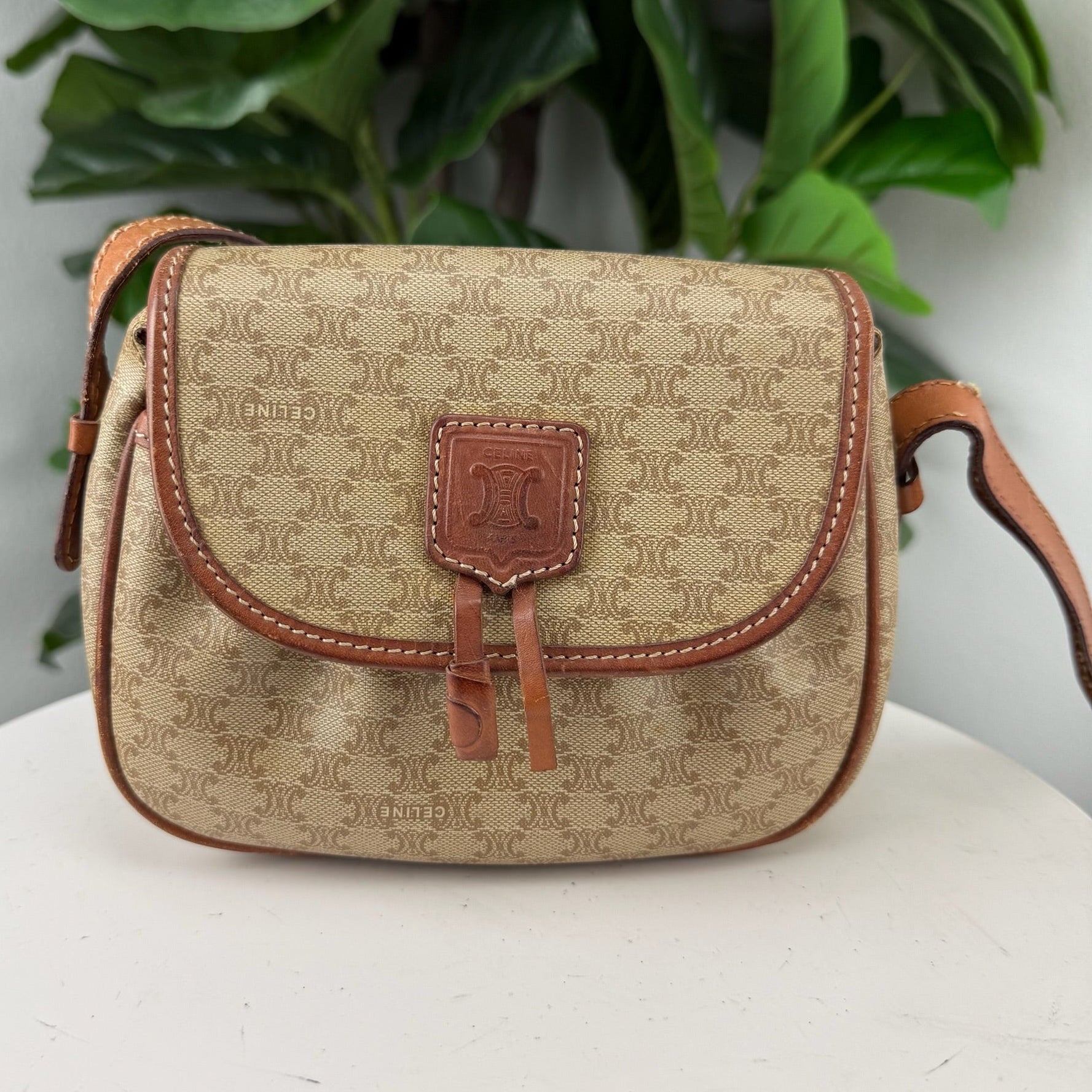 Authentic Celine Vintage Macadam Coated Canvas & Brown Leather Crossbody Bag - Certificate of Authenticity Included