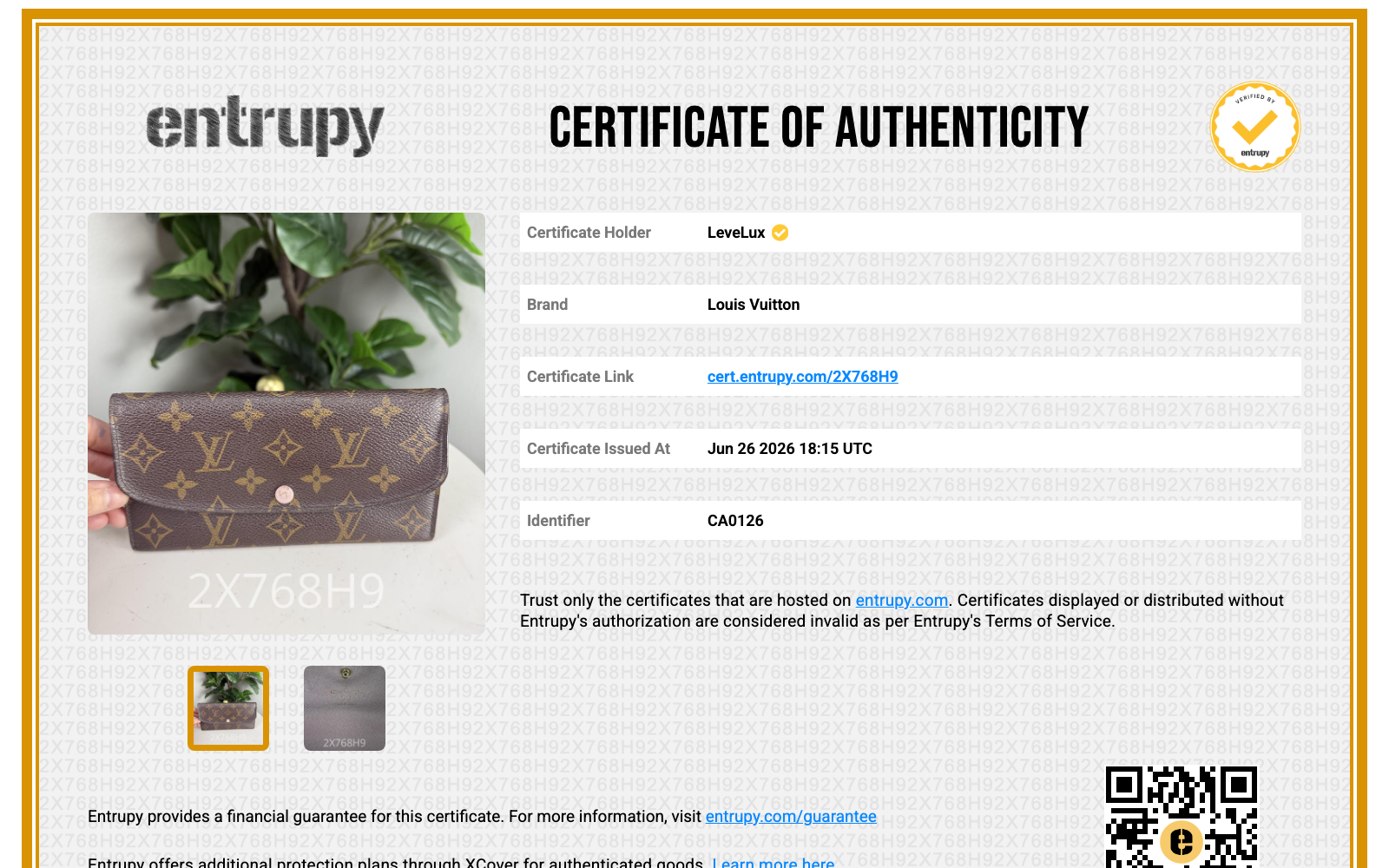 Entrupy Certificate of Authenticity 2X768H9