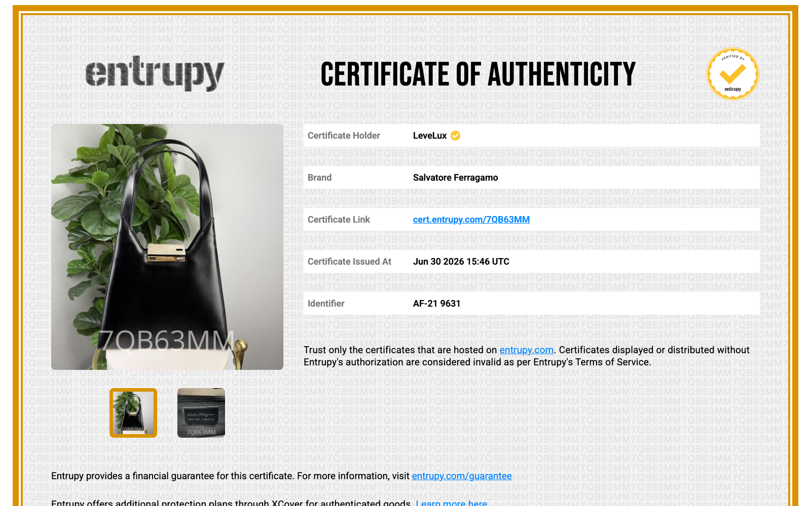 Entrupy Certificate of Authenticity 7QB63MM