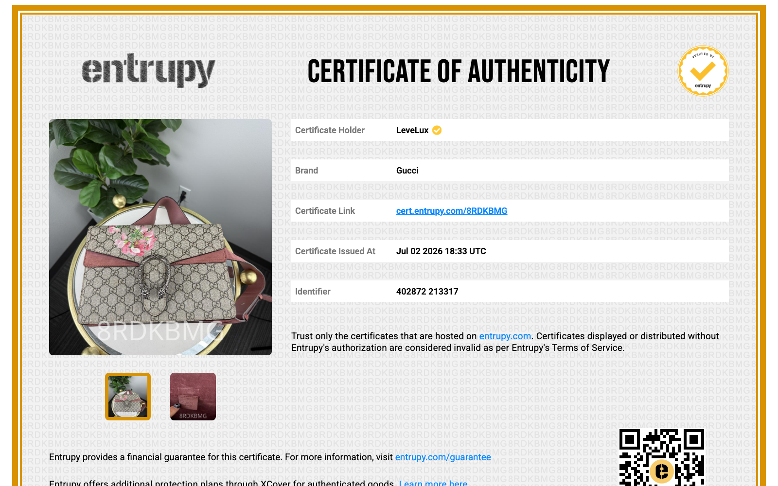Entrupy Certificate of Authenticity 8RDKBMG